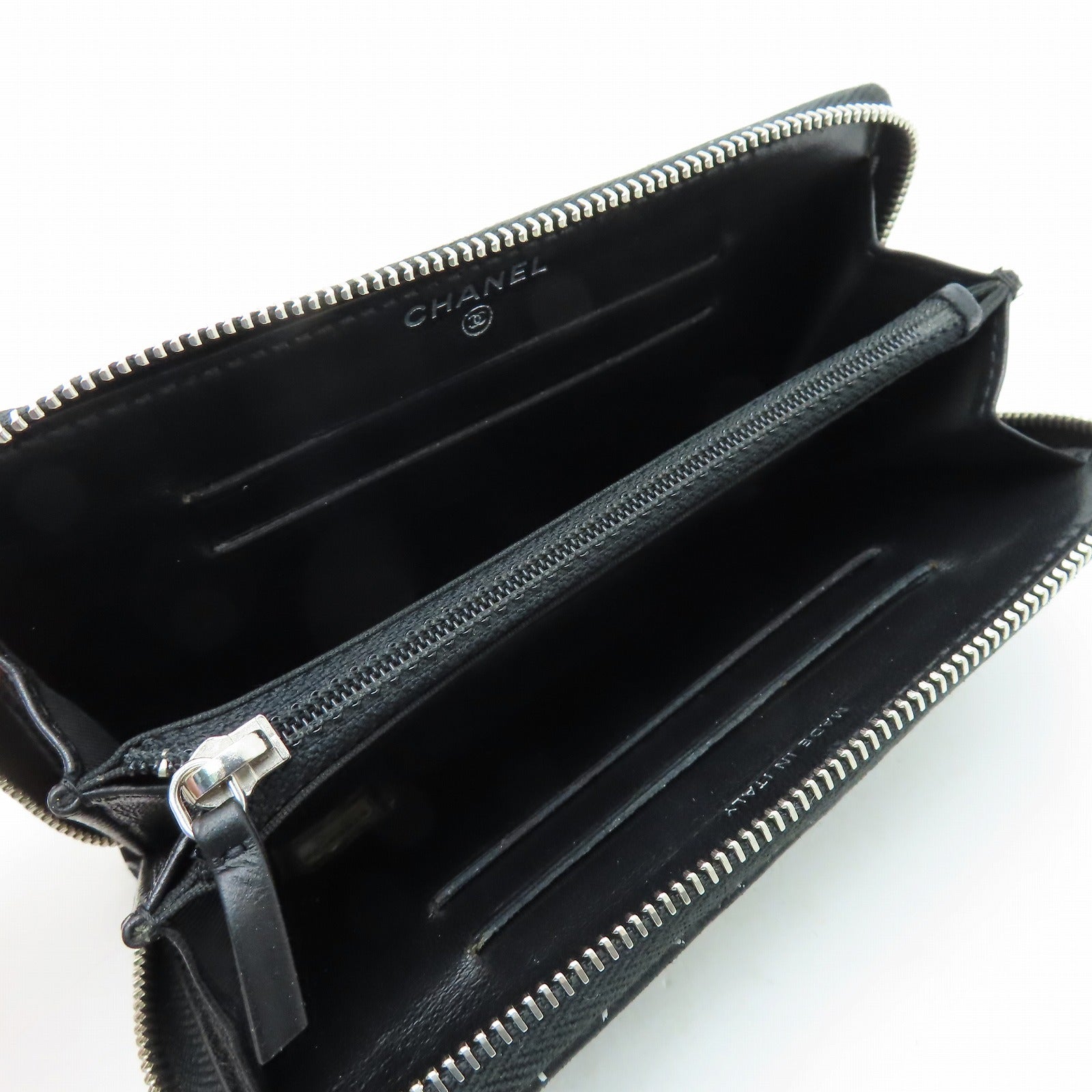 CHANEL 牛皮皮革Middle Zipper Wallet银扣拉链长钱包黑色/白色