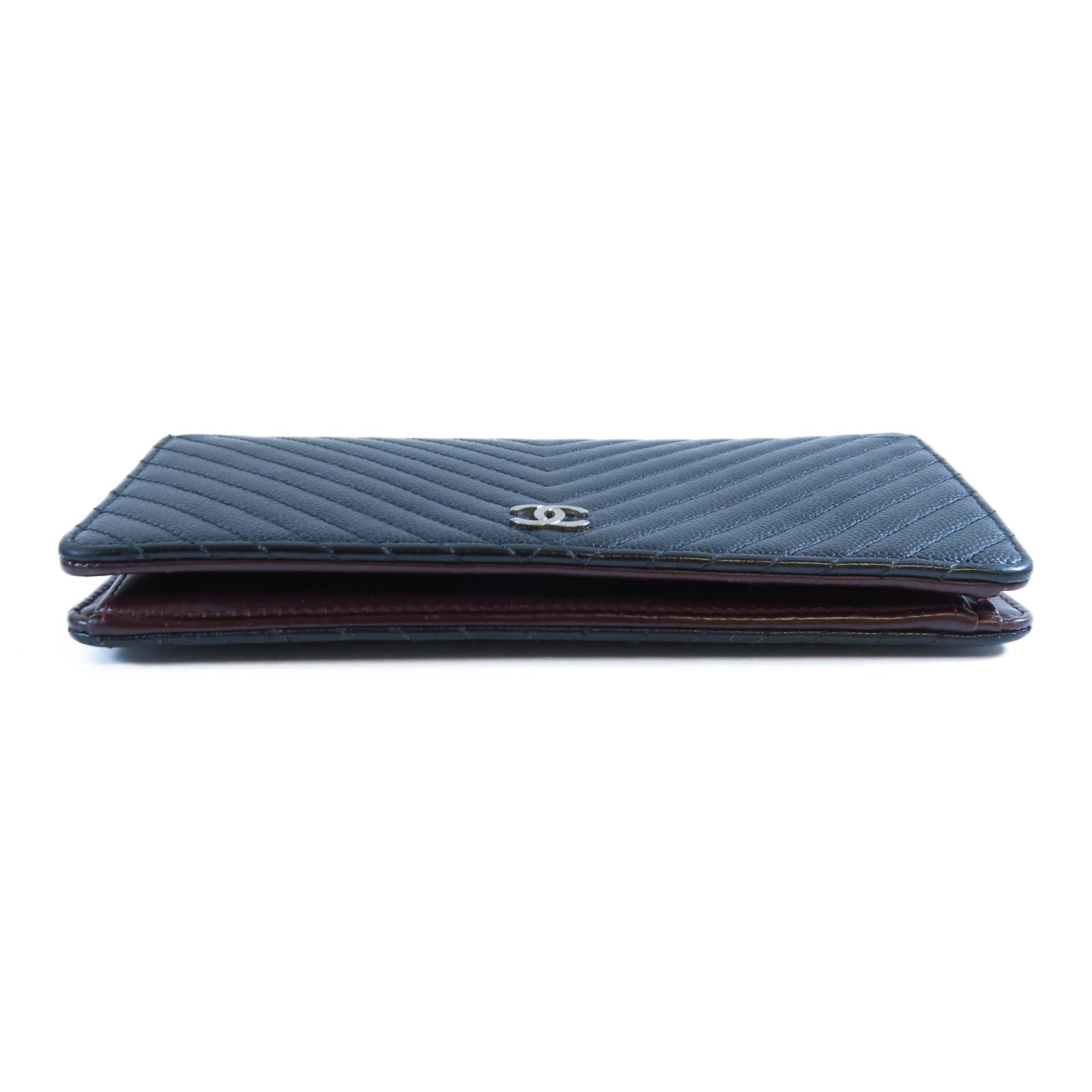 CHANEL 斜紋牛皮皮革Long Wallet銀扣長錢包黑色