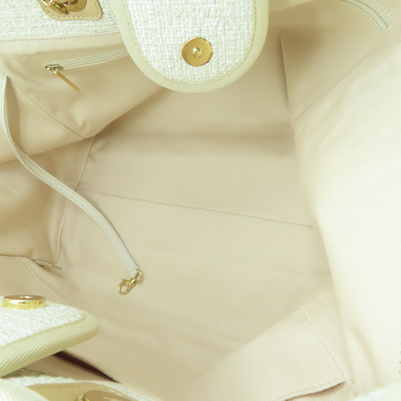 CHANEL Canvas Deauville Gold Button Handle Bag Beige