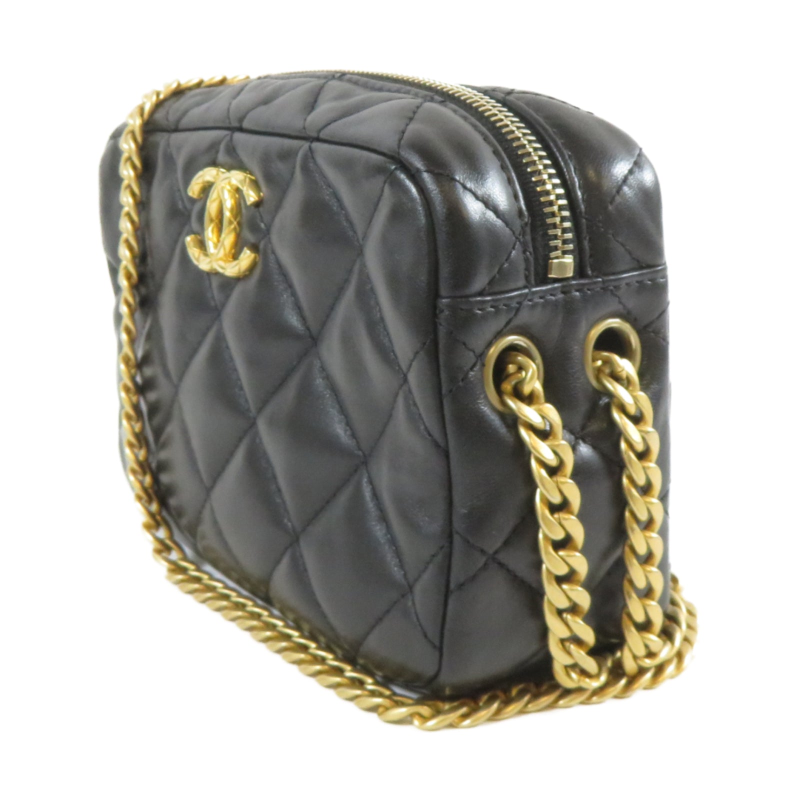 CHANEL 菱格牛皮皮革Chain Shoulder金扣鏈帶肩背袋黑色