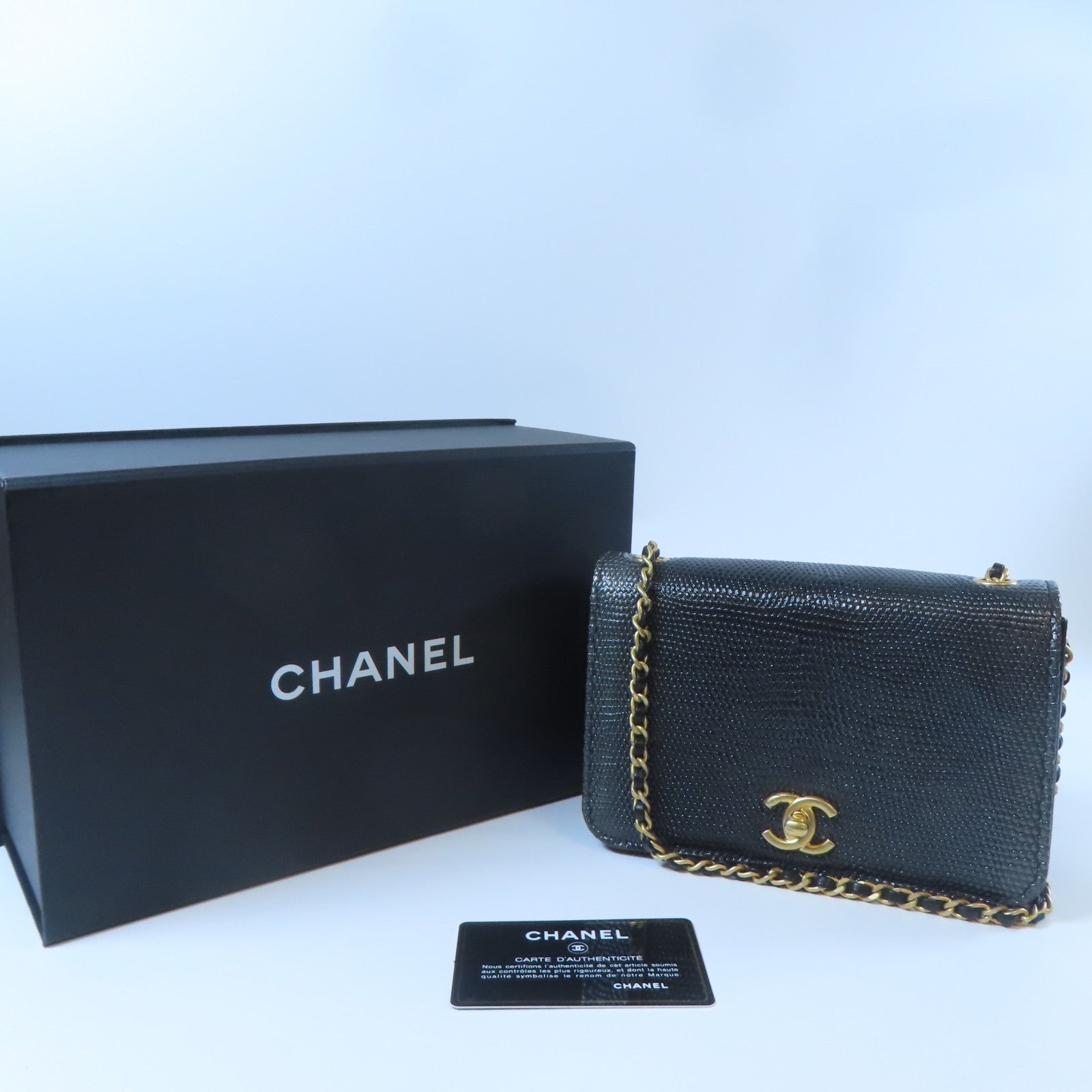 CHANEL 蜥蝪皮革Chain Shoulder金扣鏈帶肩背袋黑色/銀色