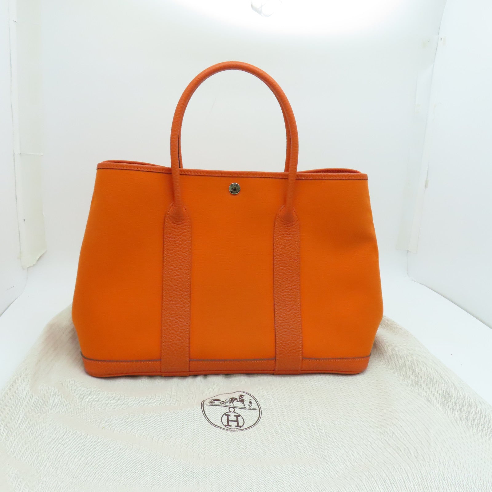 HERMES Canvas Garden Party PM Silver Button Handle Bag Orange