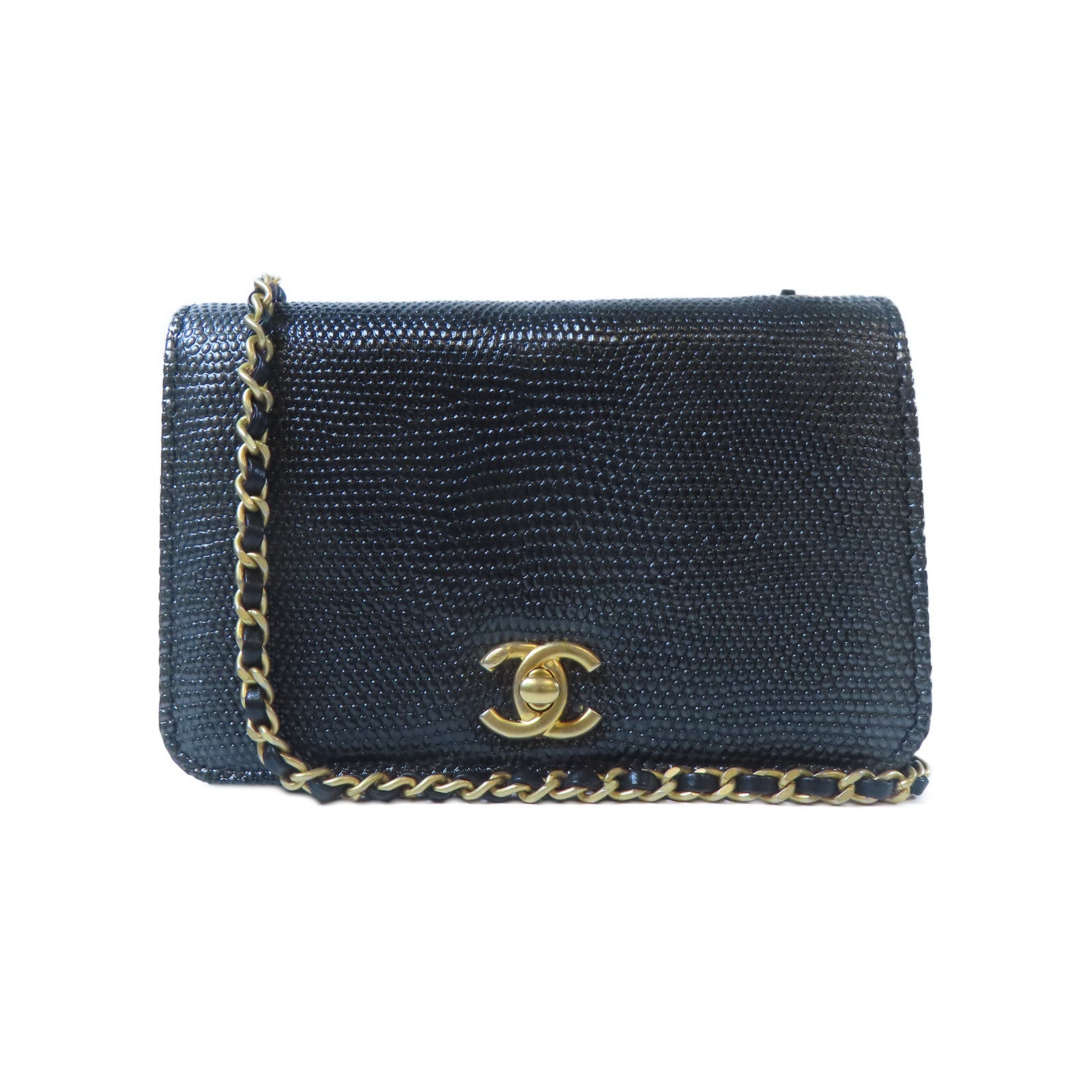 CHANEL 蜥蝪皮革Chain Shoulder金扣鏈帶肩背袋黑色/銀色