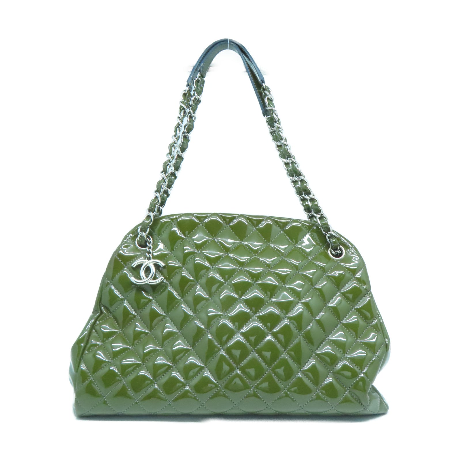 CHANEL 菱格漆皮皮革Chain Shoulder銀扣鏈帶肩背袋綠色