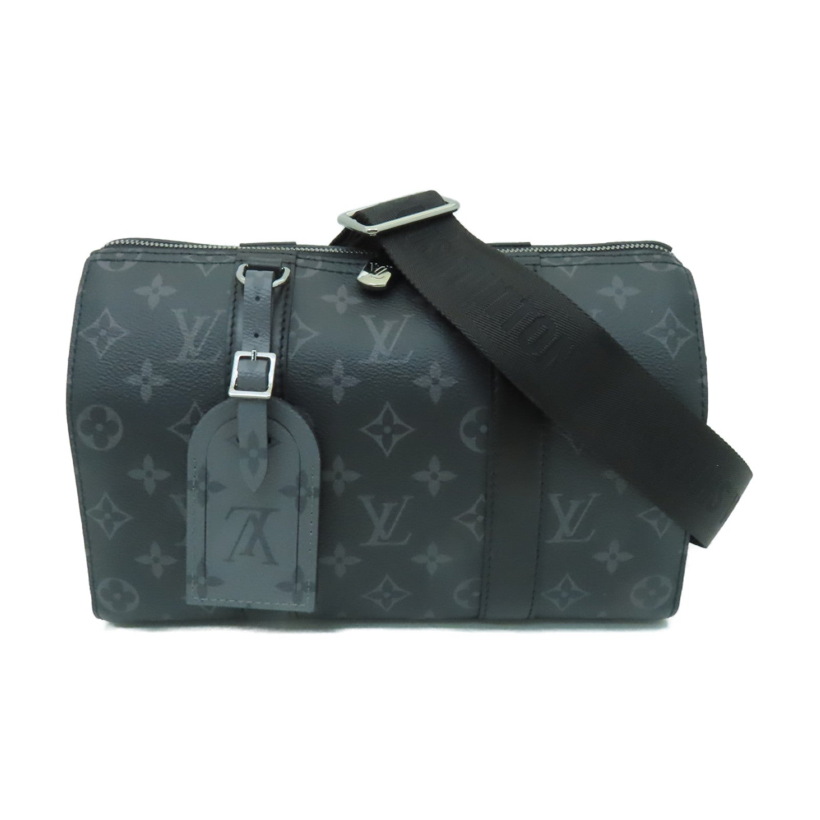 LOUIS VUITTON Monogram Eclipse Keepall Bandouliere 25銀扣肩背袋黒色