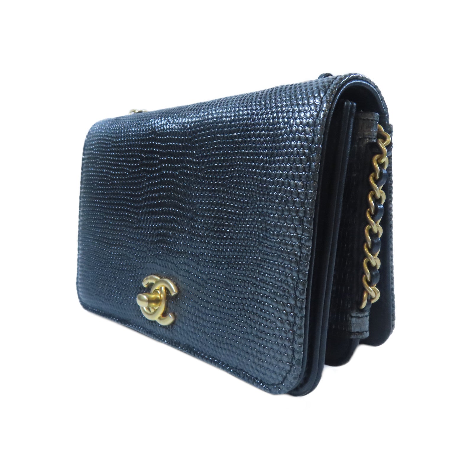 CHANEL 蜥蝪皮革Chain Shoulder金扣鏈帶肩背袋黑色/銀色