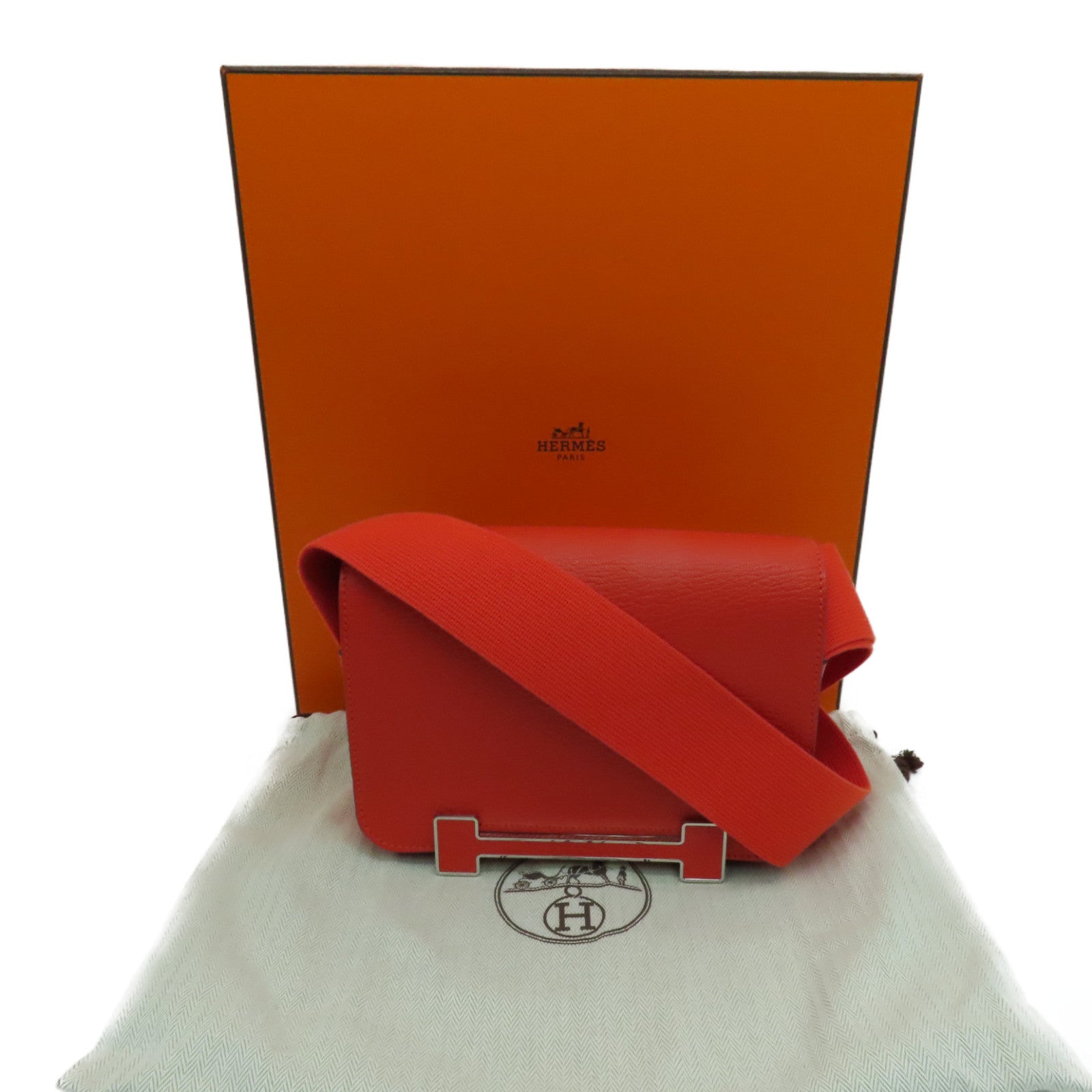 HERMES Chevre皮革Geta Shoulder Bag银扣肩背袋Capucine橙色