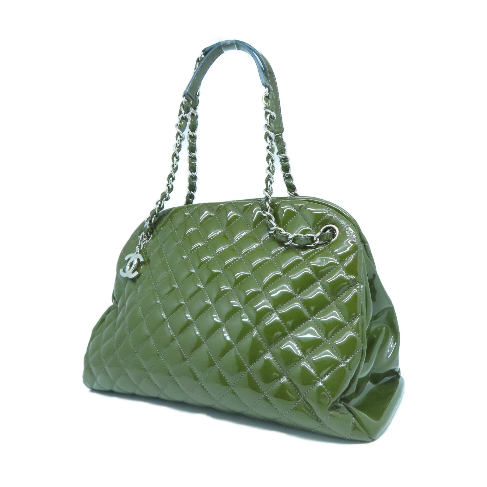 CHANEL 菱格漆皮皮革Chain Shoulder銀扣鏈帶肩背袋綠色