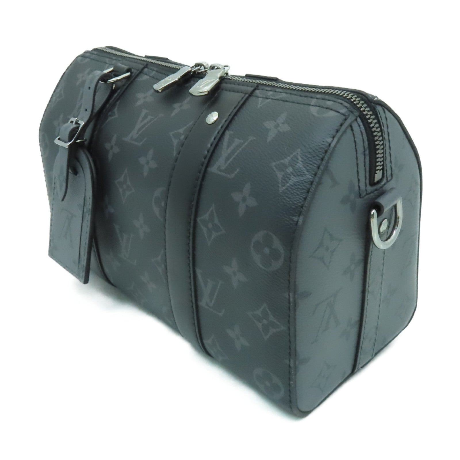 LOUIS VUITTON Monogram Eclipse Keepall Bandouliere 25銀扣肩背袋黒色