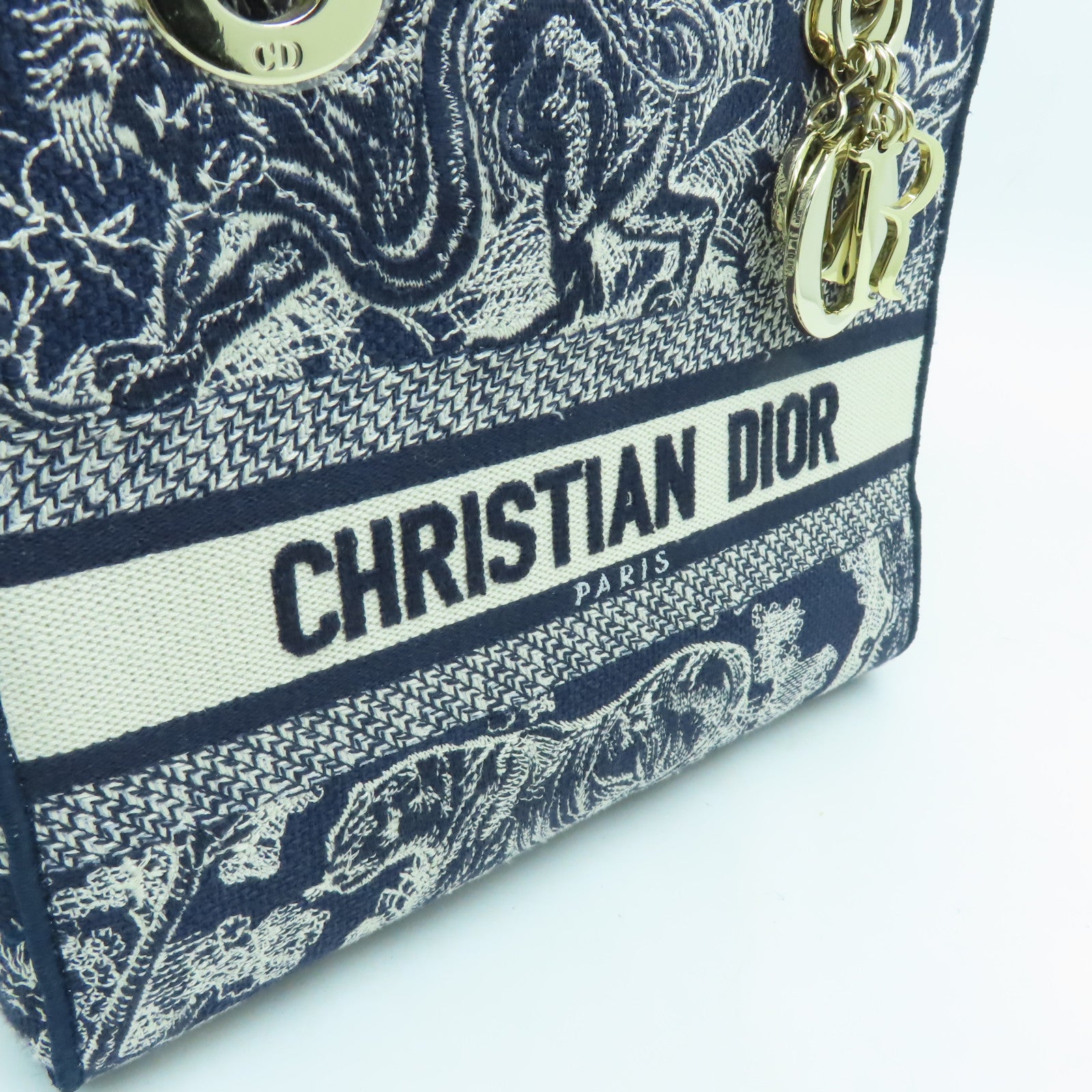 Dior 帆布Lady Dior Shoulder Bag金扣手挽肩背兩用袋藍色