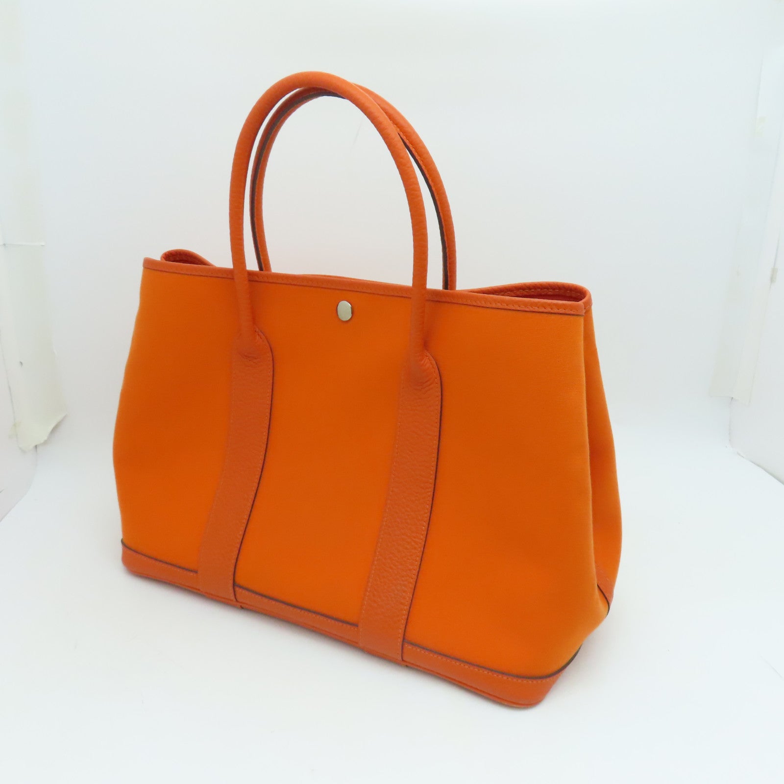 HERMES Canvas Garden Party PM Silver Button Handle Bag Orange