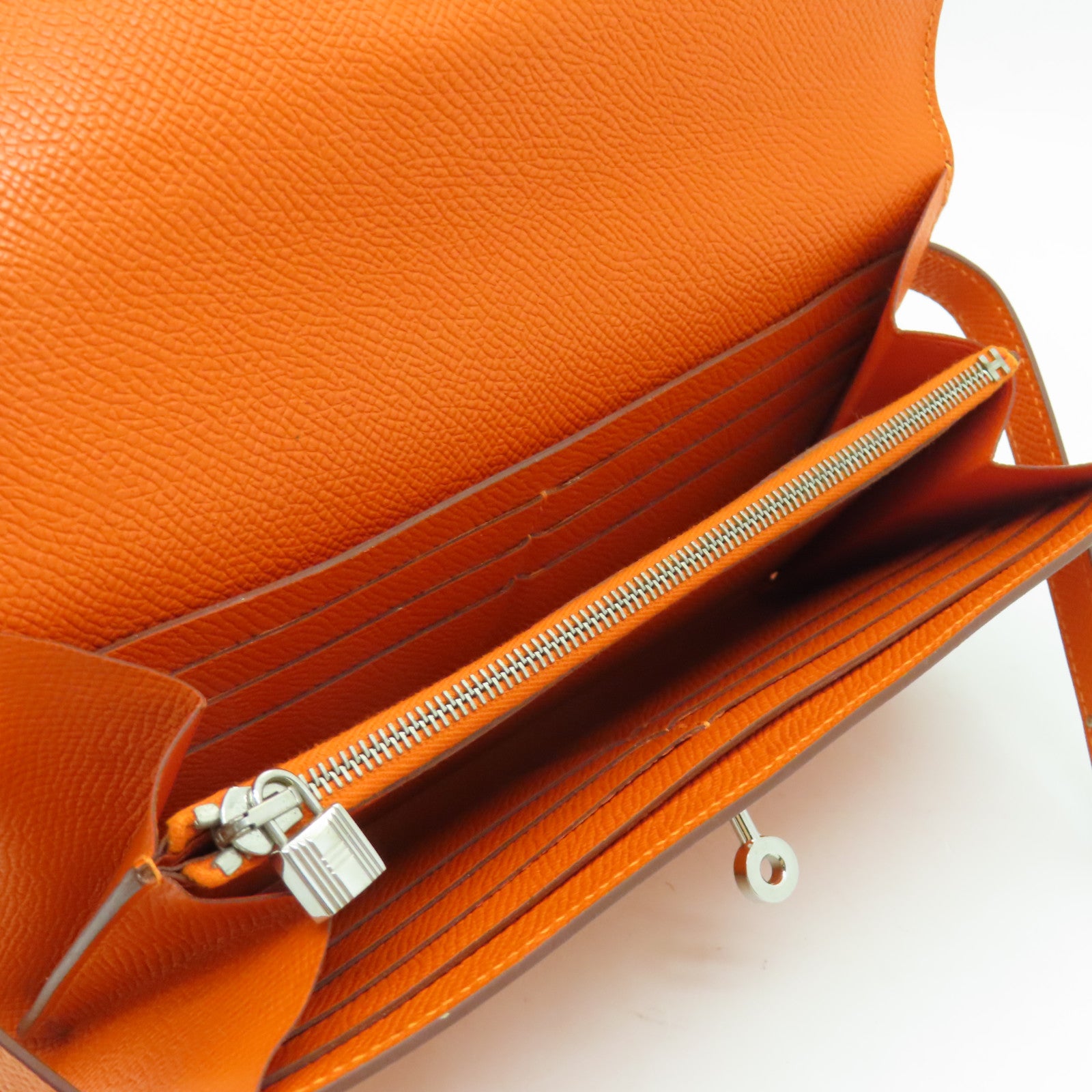 HERMES Epsom皮革Kelly Wallet銀扣長錢包Feu橙色