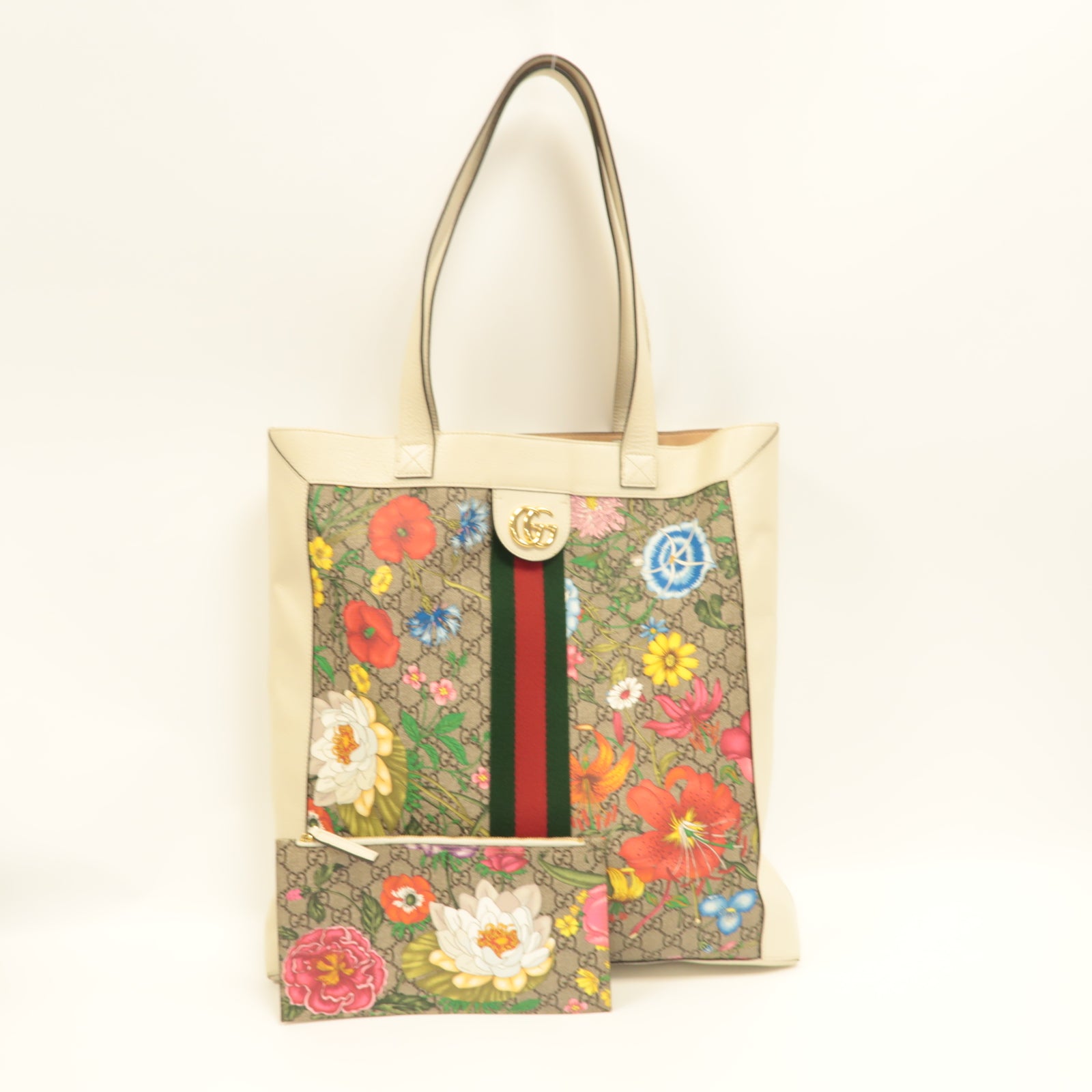 GUCCI 塗層帆布/皮革Ophidia GG Flora金扣肩背袋白色/啡色