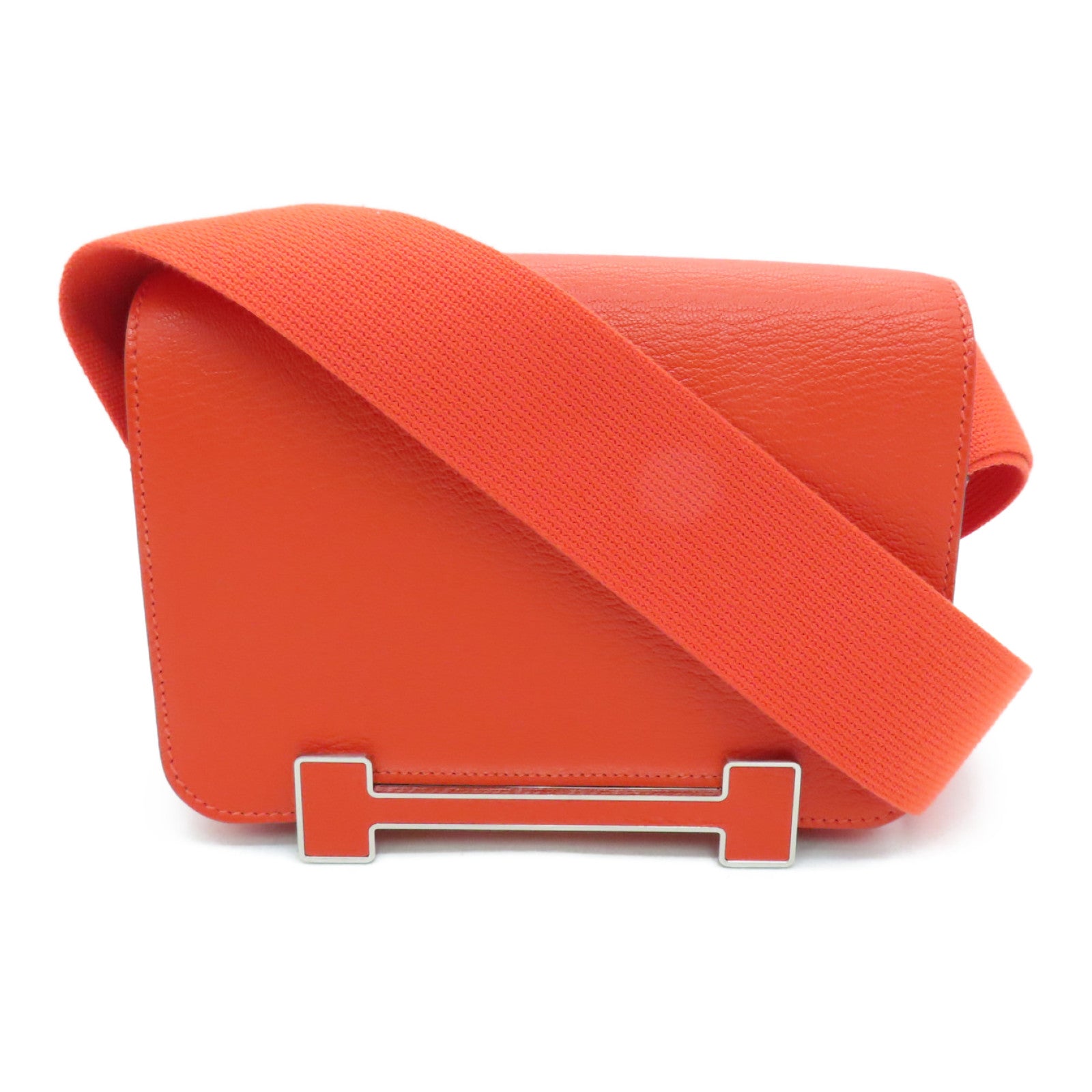HERMES Chevre皮革Geta Shoulder Bag银扣肩背袋Capucine橙色
