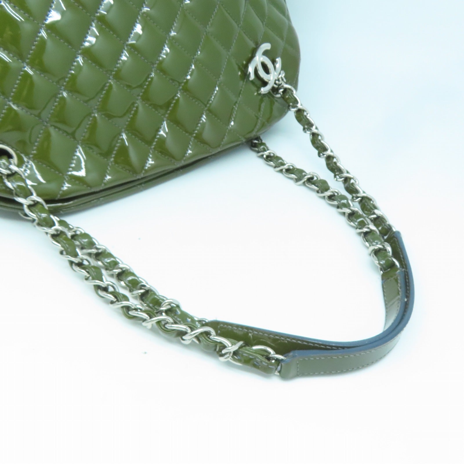 CHANEL 菱格漆皮皮革Chain Shoulder銀扣鏈帶肩背袋綠色
