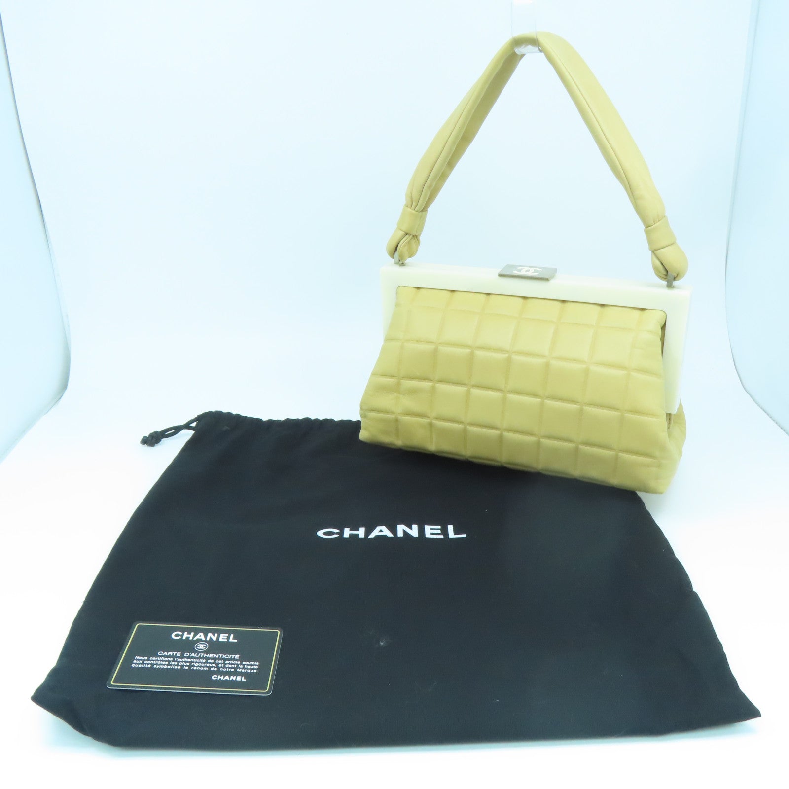 CHANEL cowhide leather Handbag silver buckle handle bag apricot