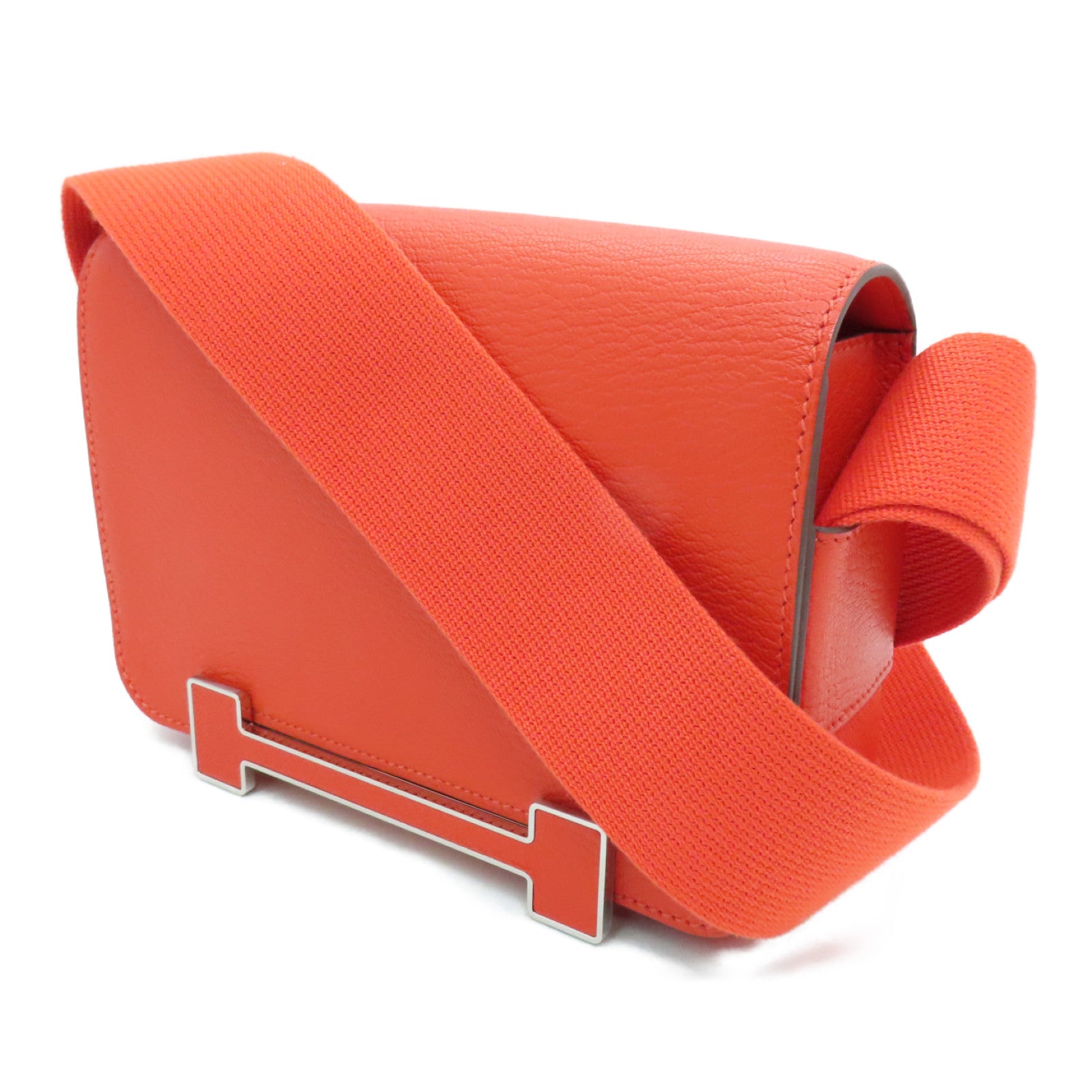 HERMES Chevre皮革Geta Shoulder Bag银扣肩背袋Capucine橙色