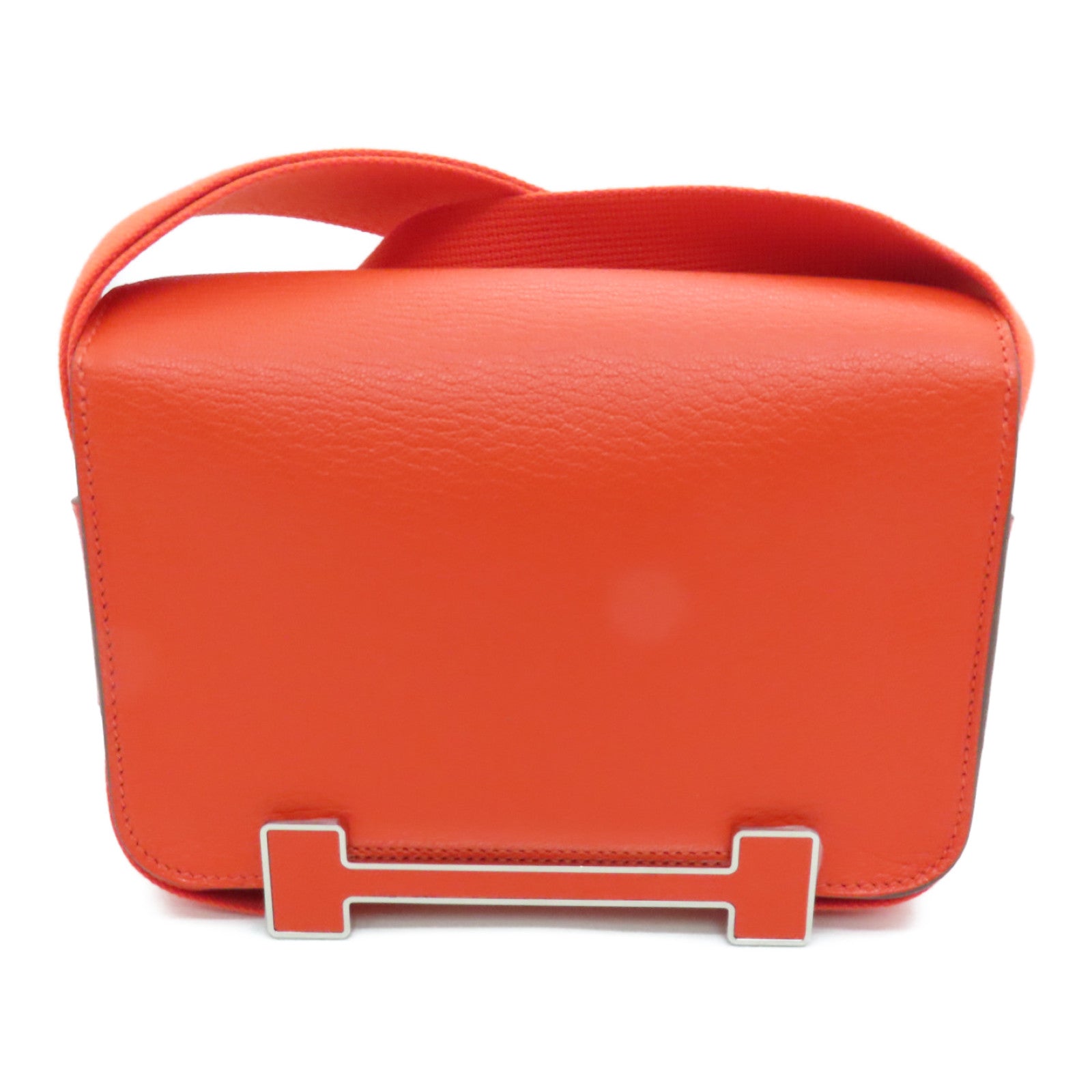 HERMES Chevre皮革Geta Shoulder Bag银扣肩背袋Capucine橙色