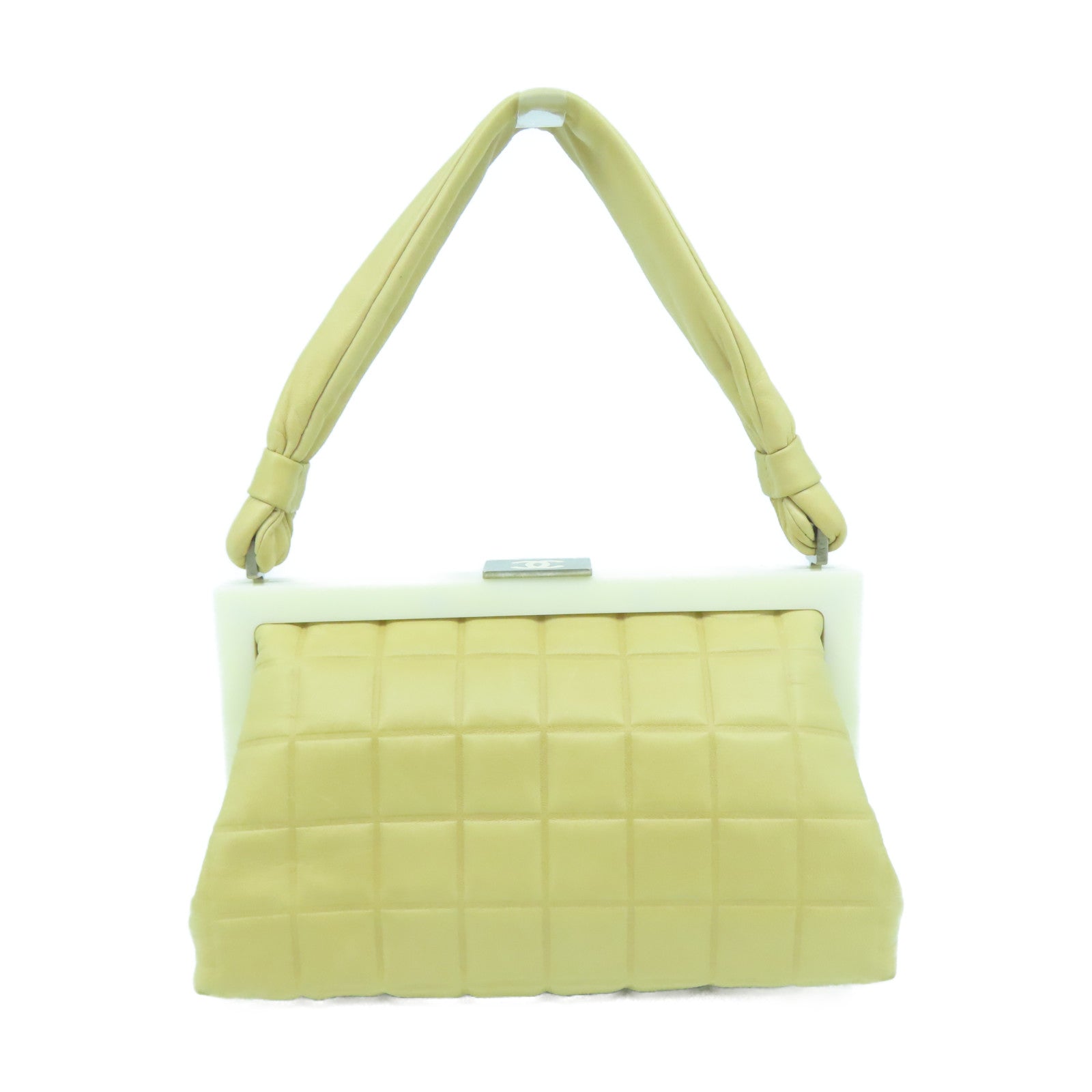 CHANEL cowhide leather Handbag silver buckle handle bag apricot