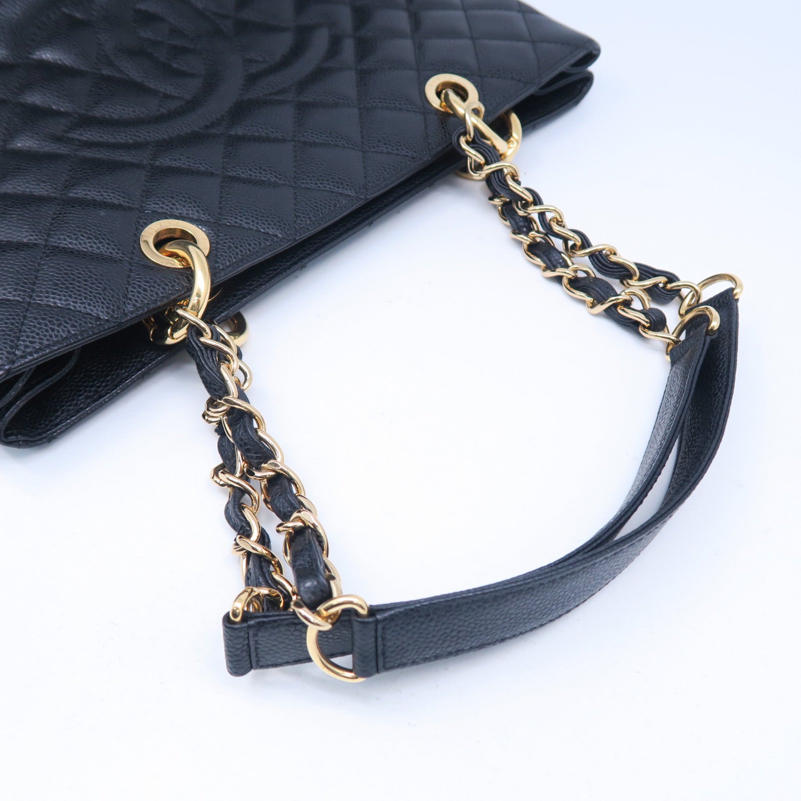 CHANEL 菱格Caviar皮革GST Shoulder Bag金扣鏈帶肩背袋黑色