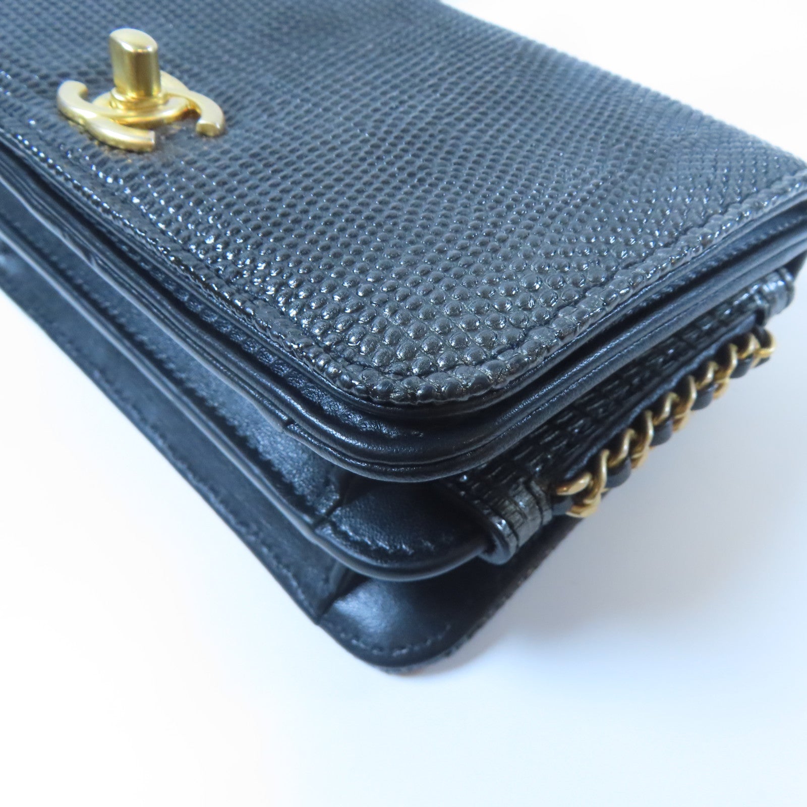 CHANEL 蜥蝪皮革Chain Shoulder金扣鏈帶肩背袋黑色/銀色