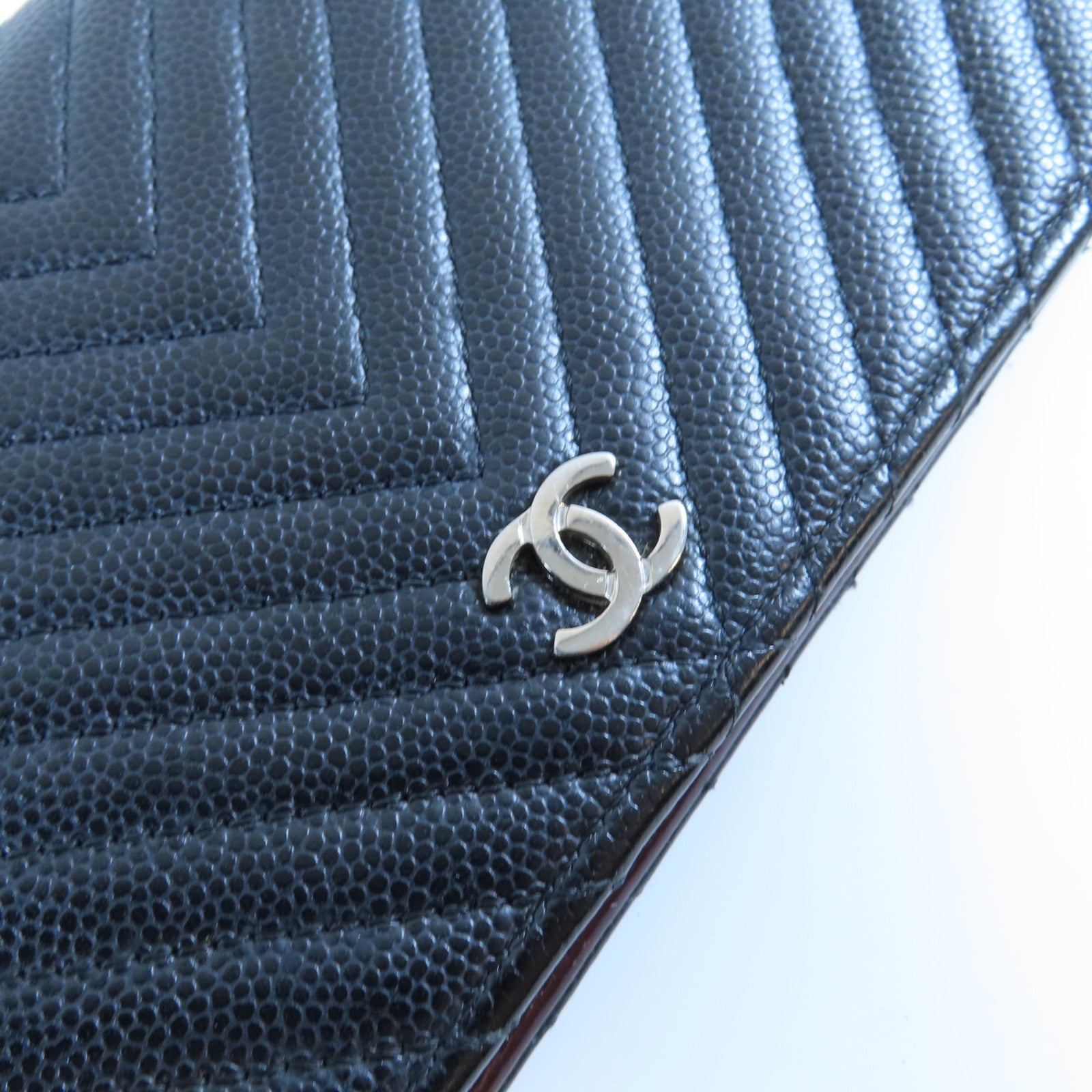 CHANEL 斜紋牛皮皮革Long Wallet銀扣長錢包黑色