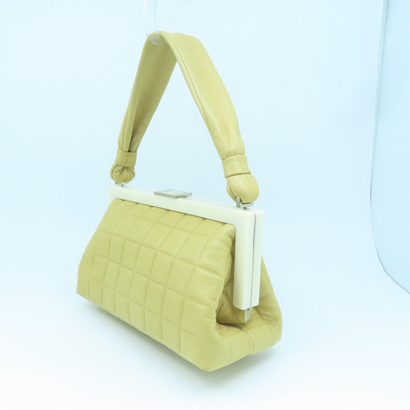 CHANEL cowhide leather Handbag silver buckle handle bag apricot