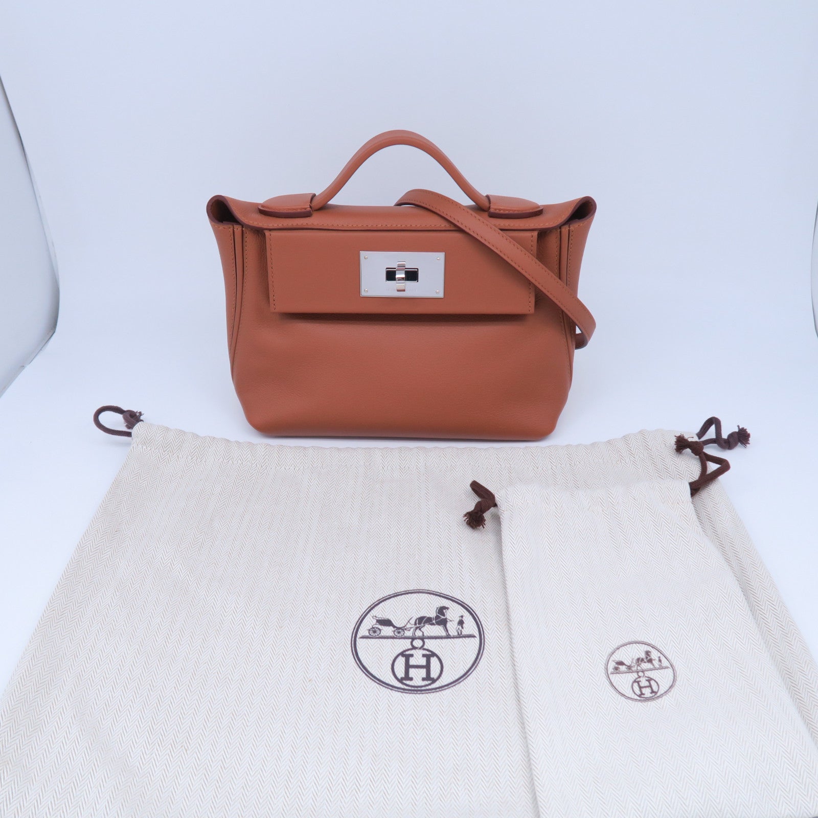 HERMES Evercolor皮革Mini 24/24銀扣手挽肩背兩用袋經典駝色