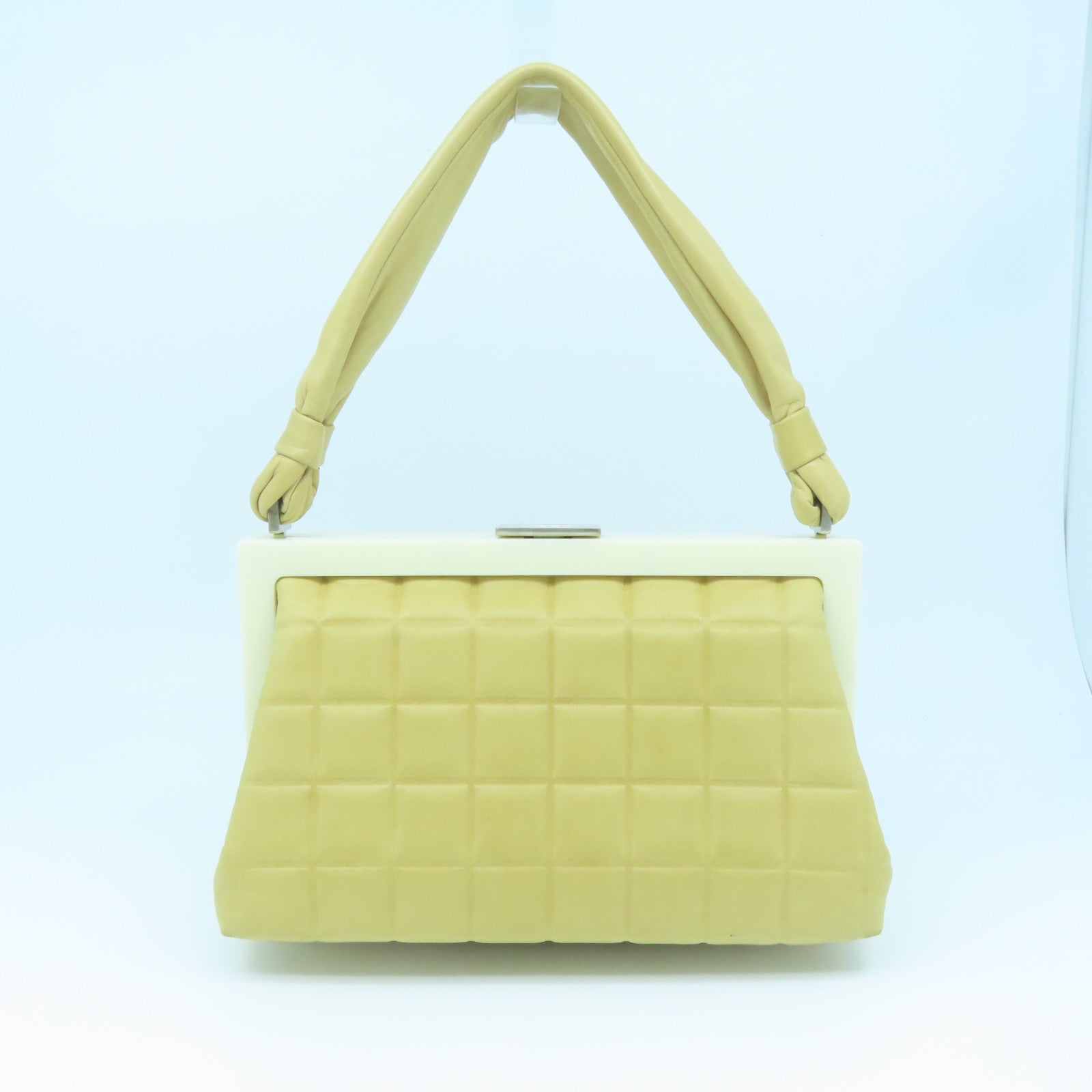 CHANEL cowhide leather Handbag silver buckle handle bag apricot