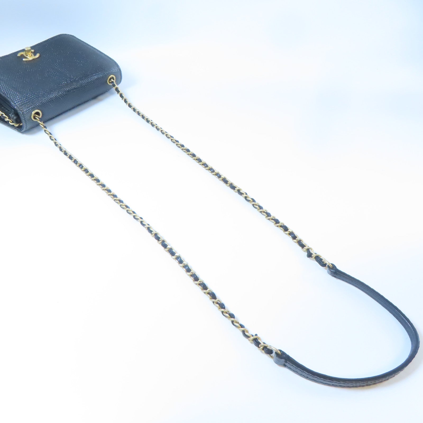 CHANEL 蜥蝪皮革Chain Shoulder金扣鏈帶肩背袋黑色/銀色