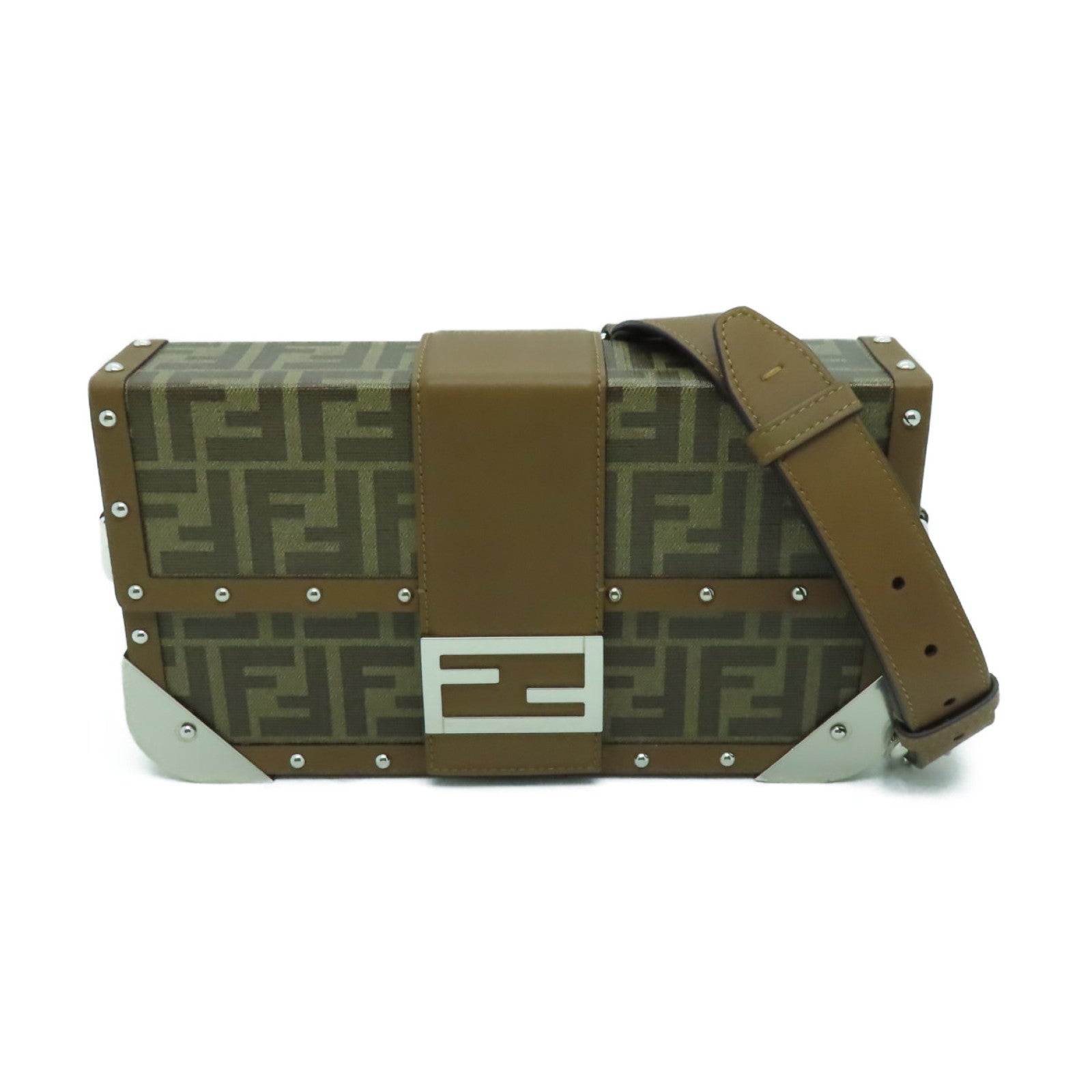 FENDI 【激減優惠】塗層帆布Baguette Trunk銀扣肩背袋棕色