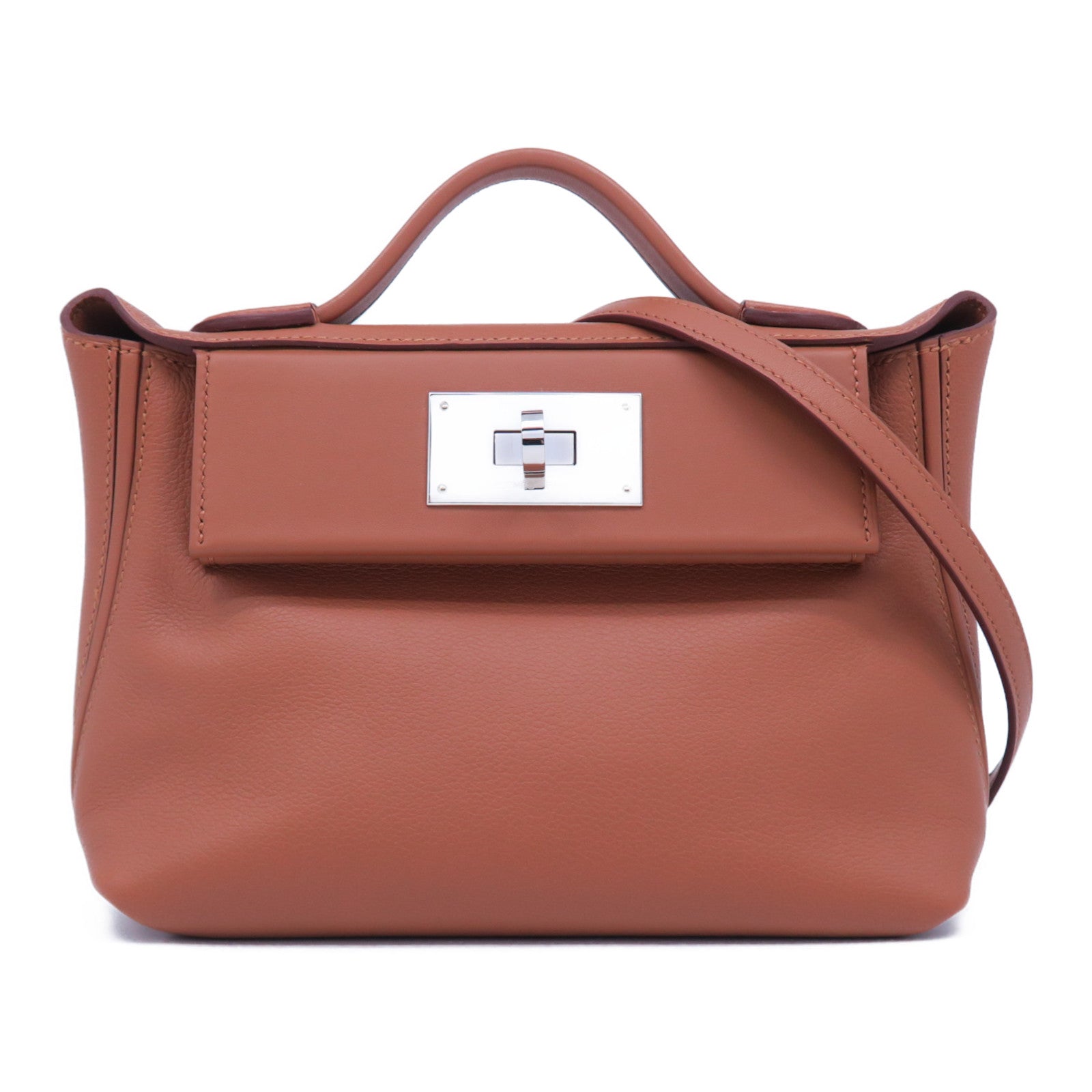 HERMES Evercolor皮革Mini 24/24銀扣手挽肩背兩用袋經典駝色