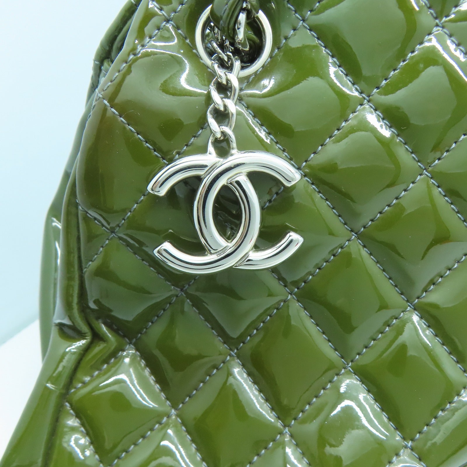 CHANEL 菱格漆皮皮革Chain Shoulder銀扣鏈帶肩背袋綠色