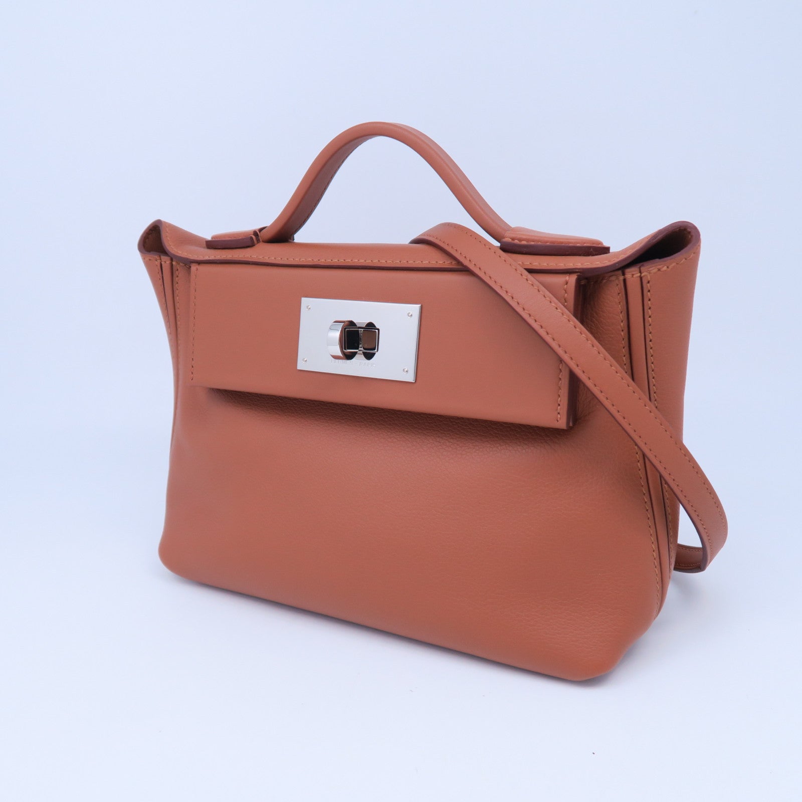 HERMES Evercolor皮革Mini 24/24銀扣手挽肩背兩用袋經典駝色