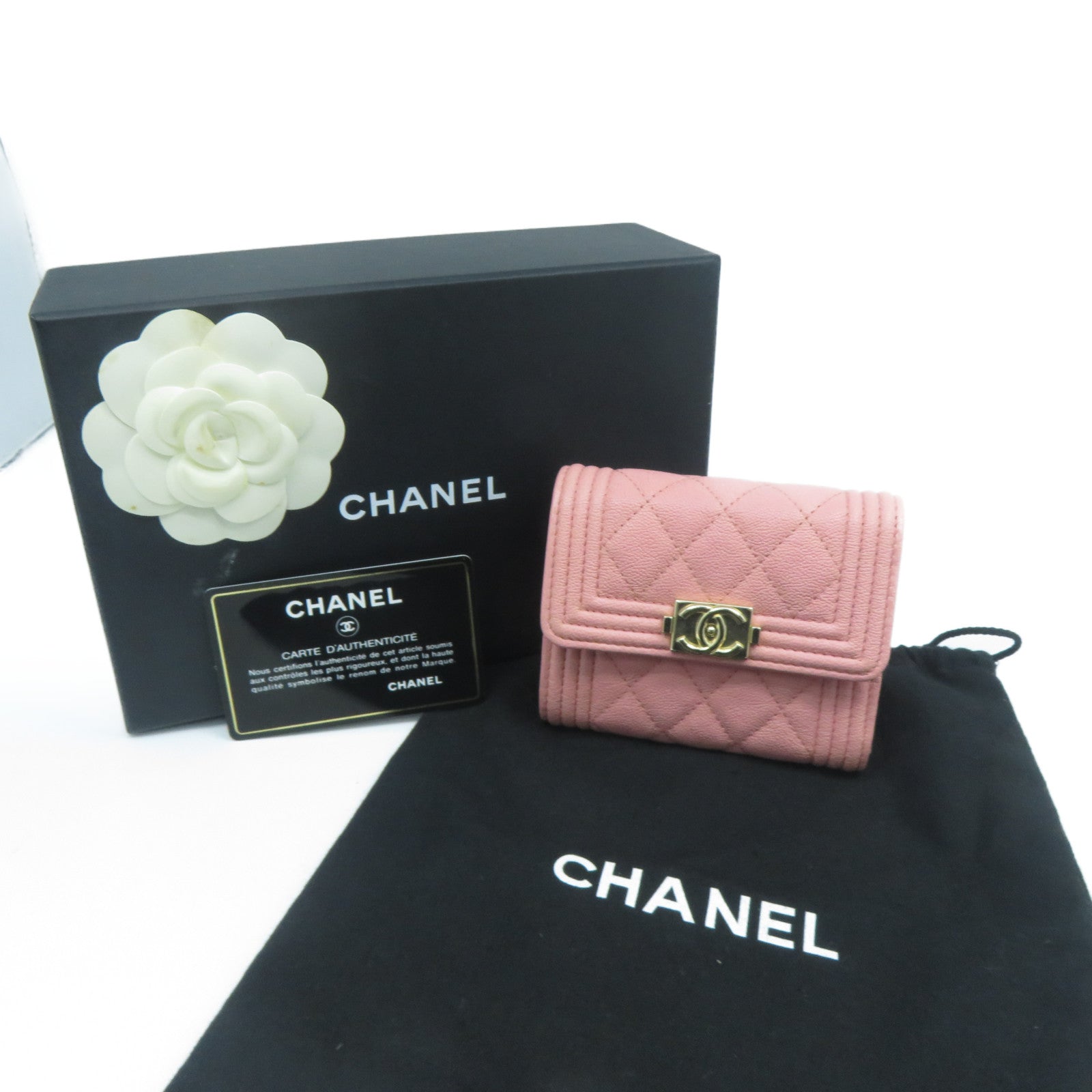 CHANEL 菱格Caviar皮革Boy Wallet金扣錢包粉紅色
