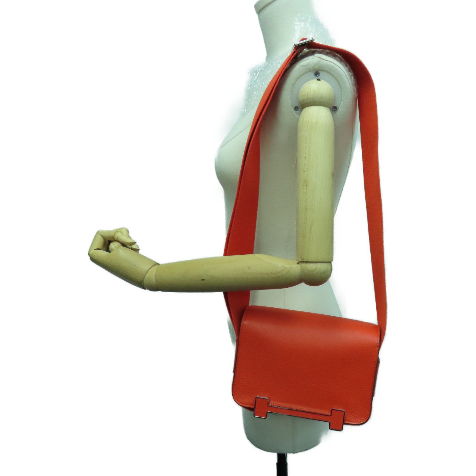HERMES Chevre皮革Geta Shoulder Bag银扣肩背袋Capucine橙色