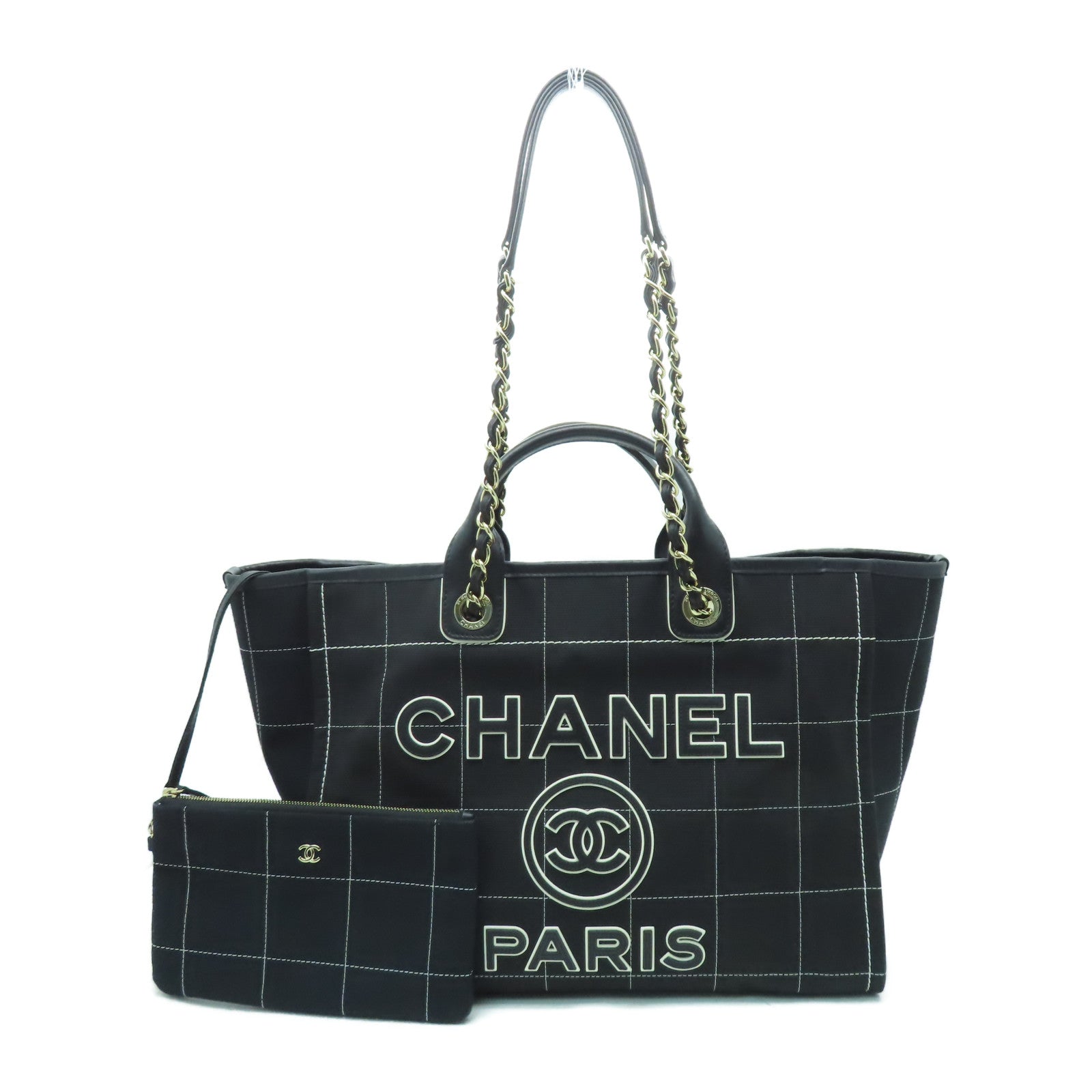CHANEL 帆布Deauville Tote銀扣手挽肩背兩用袋黑色