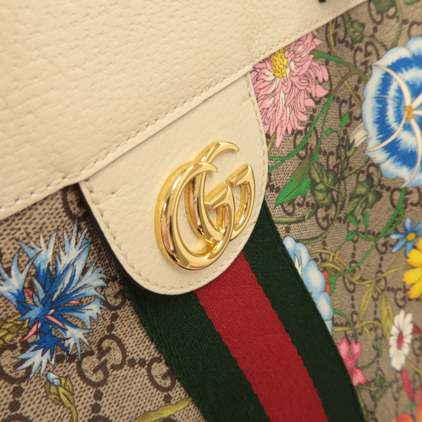GUCCI 塗層帆布/皮革Ophidia GG Flora金扣肩背袋白色/啡色