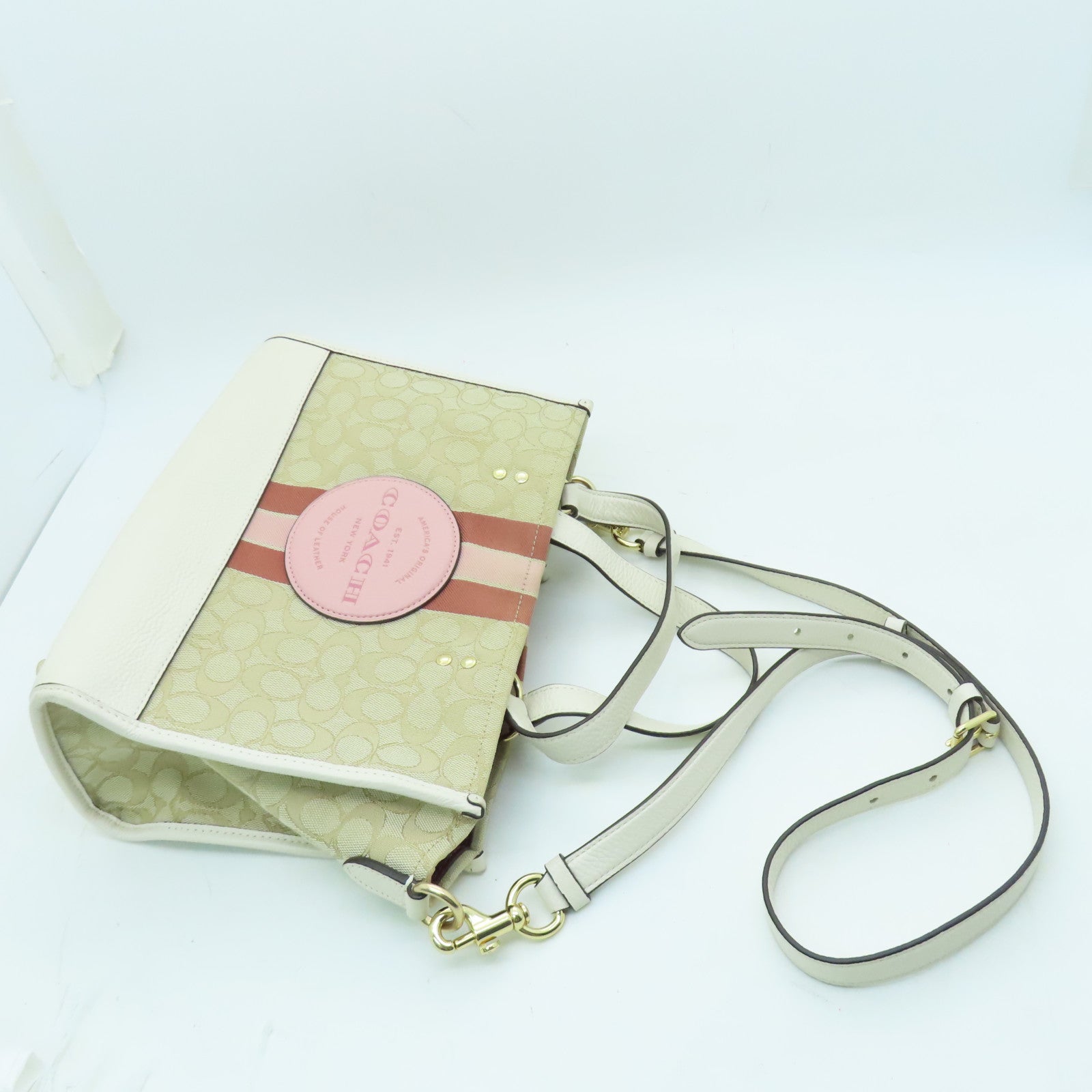 COACH 帆布牛皮2 Way Shoulder銀扣手挽肩背兩用袋白色