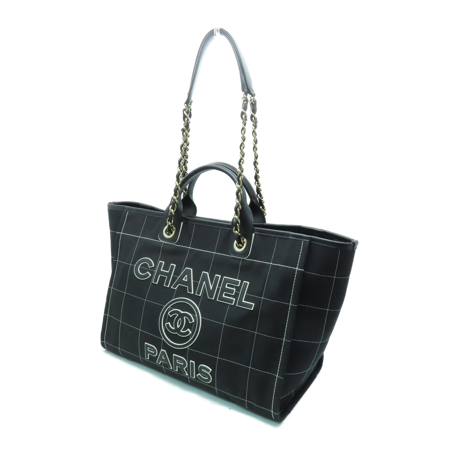 CHANEL 帆布Deauville Tote銀扣手挽肩背兩用袋黑色
