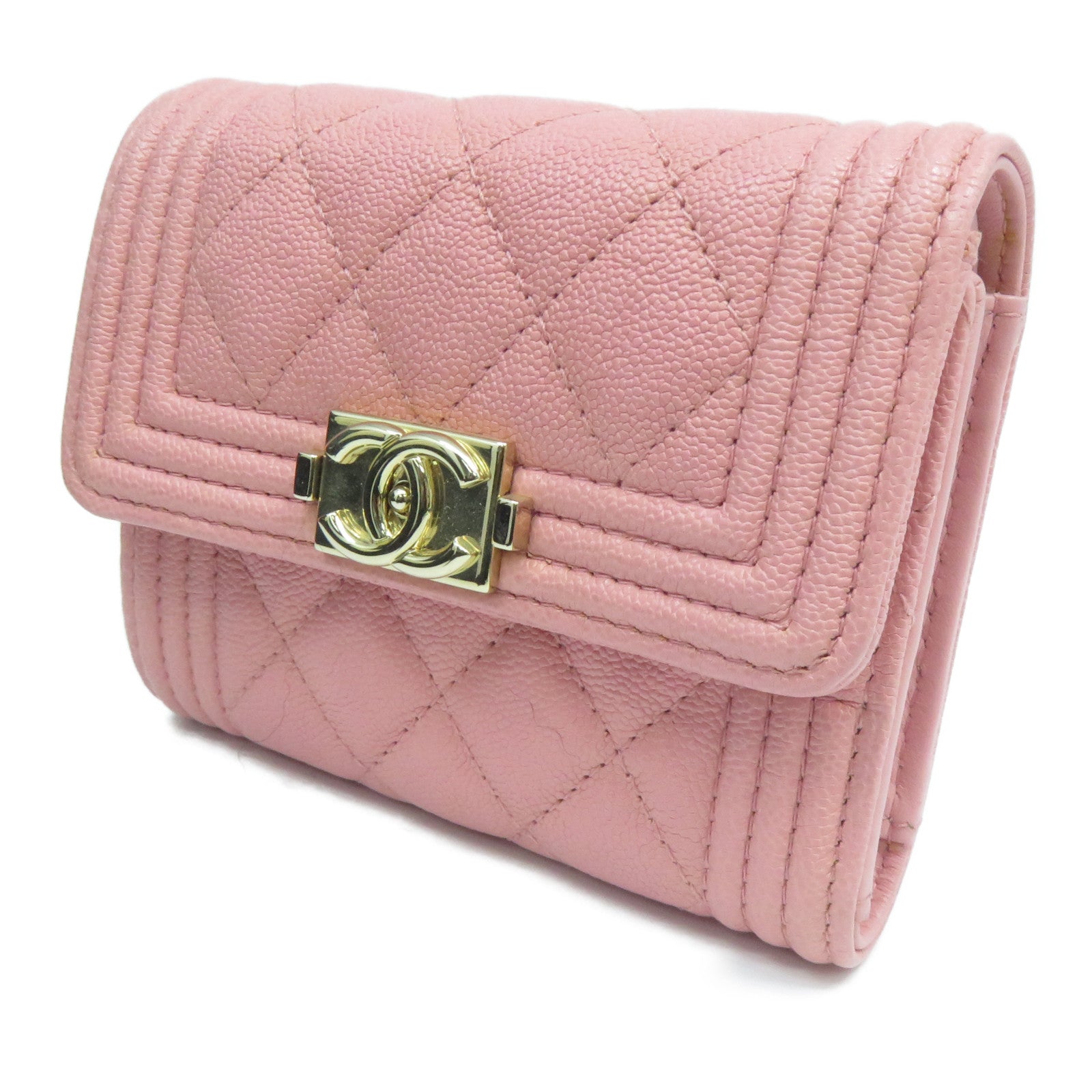 CHANEL 菱格Caviar皮革Boy Wallet金扣錢包粉紅色