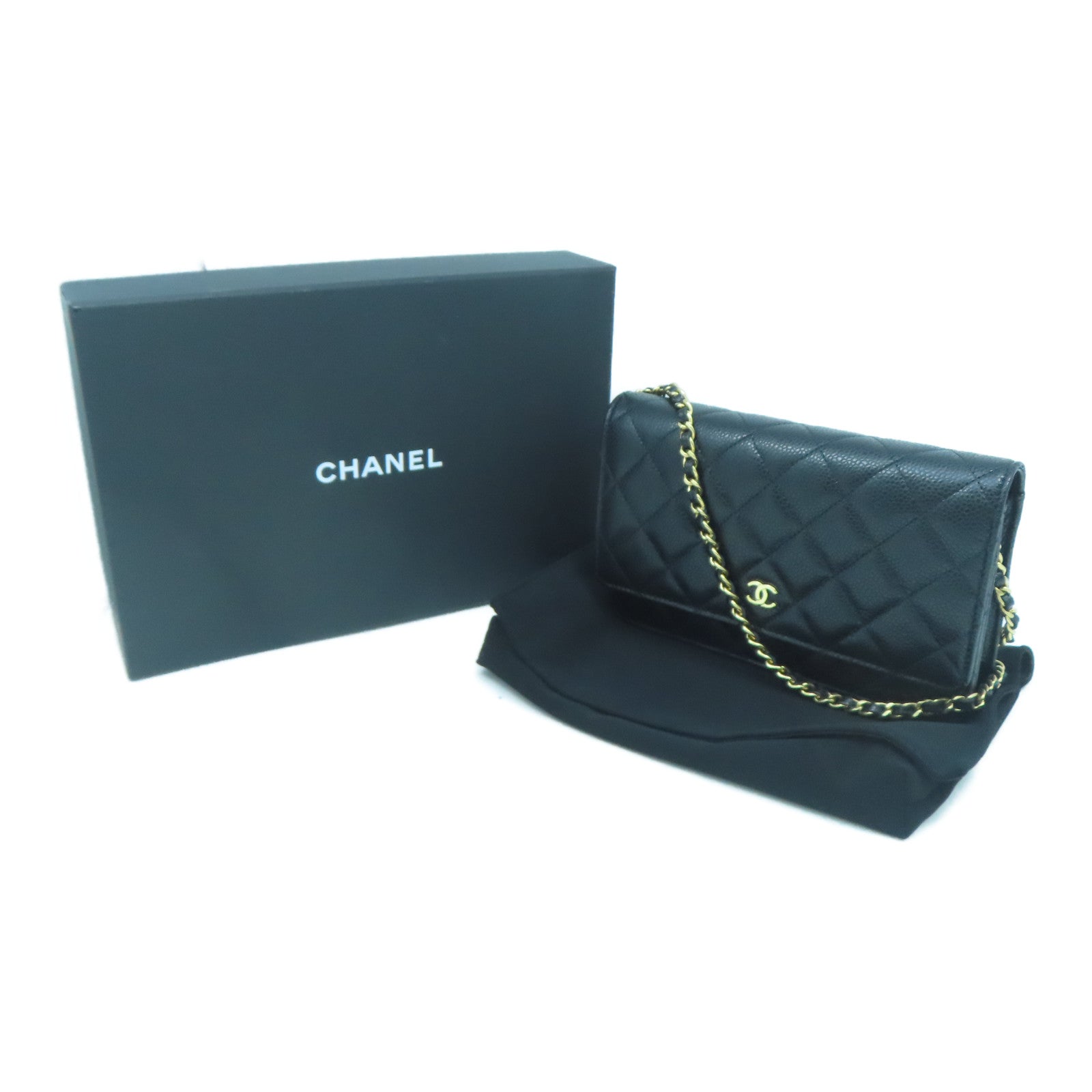 CHANEL 菱格Caviar皮革Wallet On Chain金扣鏈帶肩背袋黑色