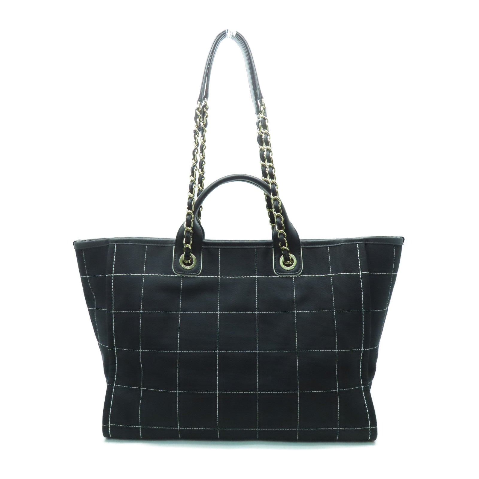 CHANEL 帆布Deauville Tote銀扣手挽肩背兩用袋黑色