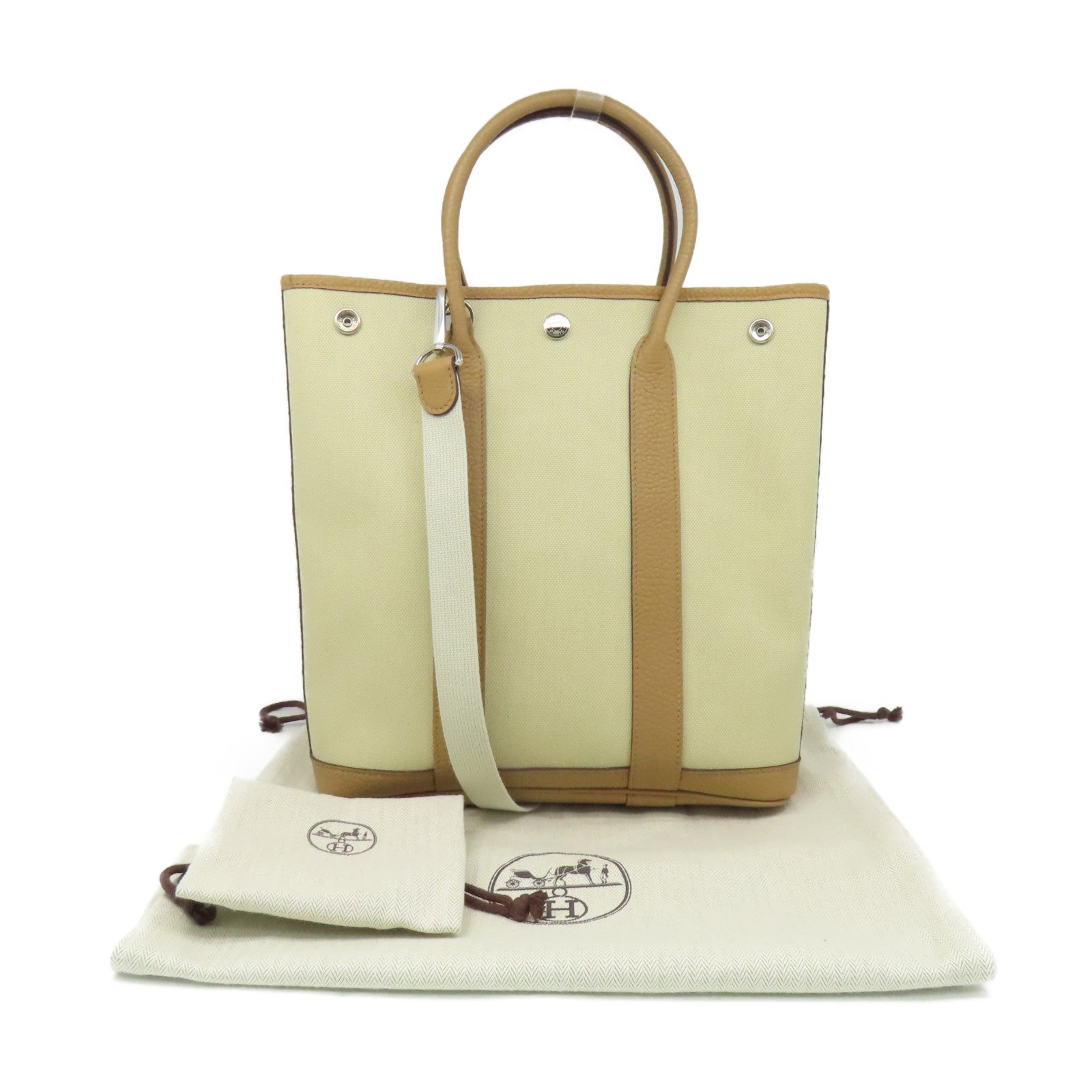 HERMES 帆布Garden File PM 2Way Tote Bag銀扣手挽肩背兩用袋Biscuit餅乾色