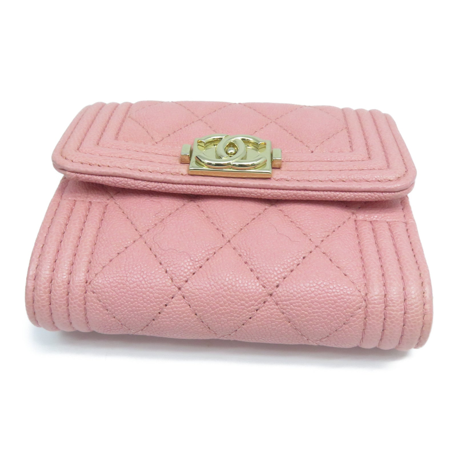 CHANEL 菱格Caviar皮革Boy Wallet金扣錢包粉紅色
