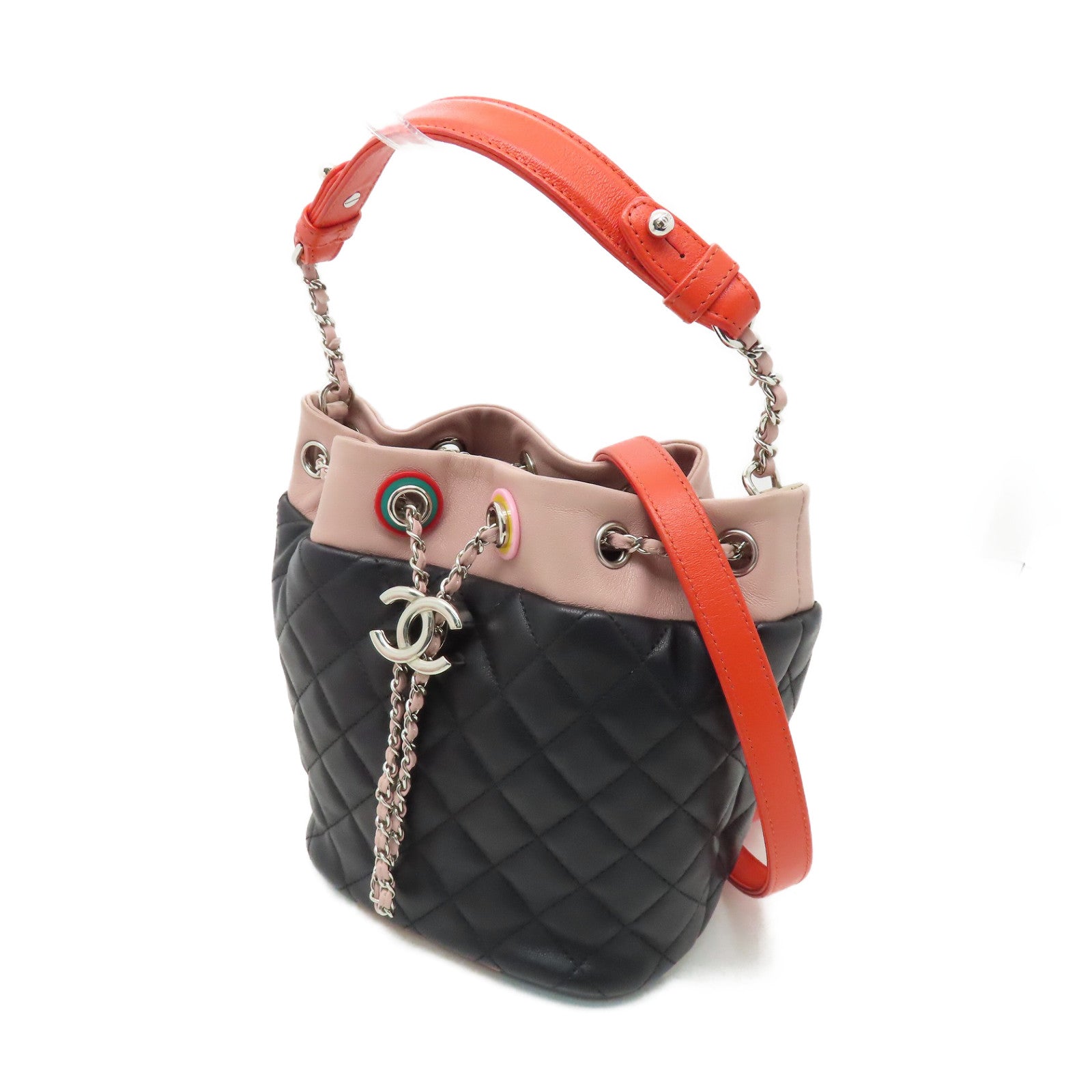 CHANEL 【激減優惠】菱格羊皮皮革2way Shoulder銀扣手挽肩背兩用袋黑色/粉紅色/橙色
