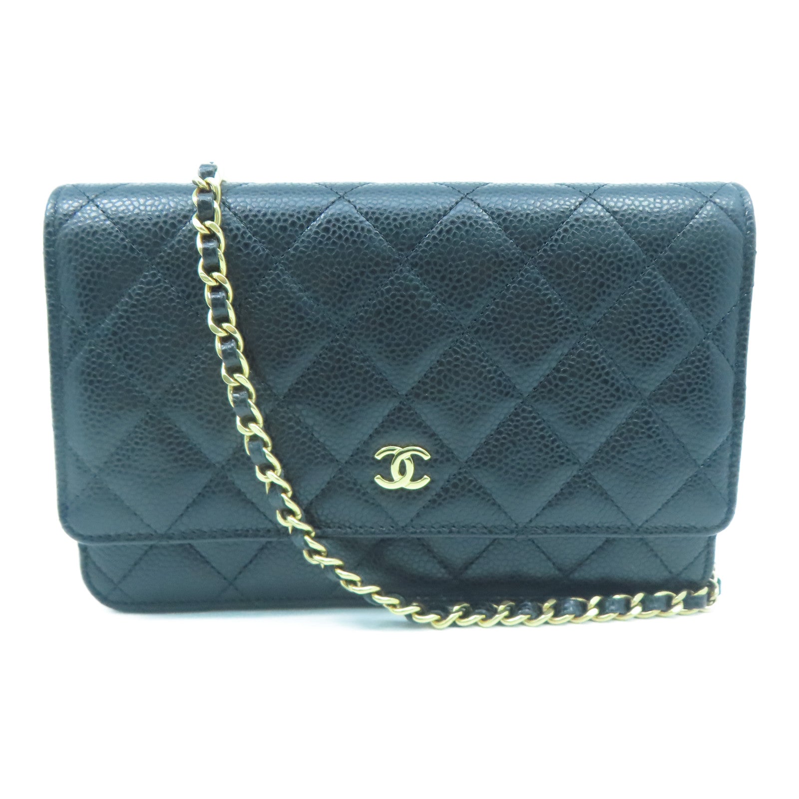 CHANEL 菱格Caviar皮革Wallet On Chain金扣鏈帶肩背袋黑色
