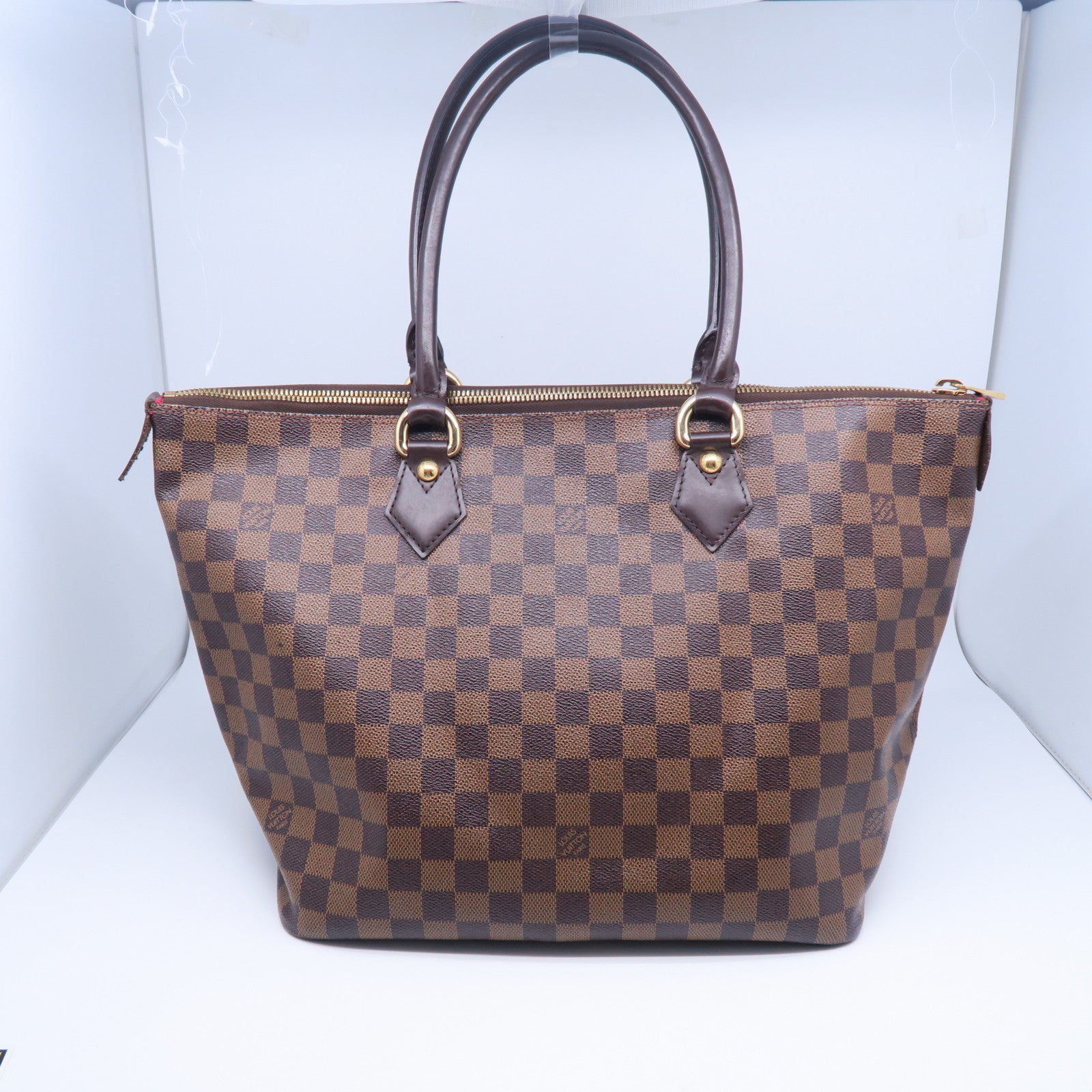LOUIS VUITTON Damier Saleya MM金扣手挽袋棕色
