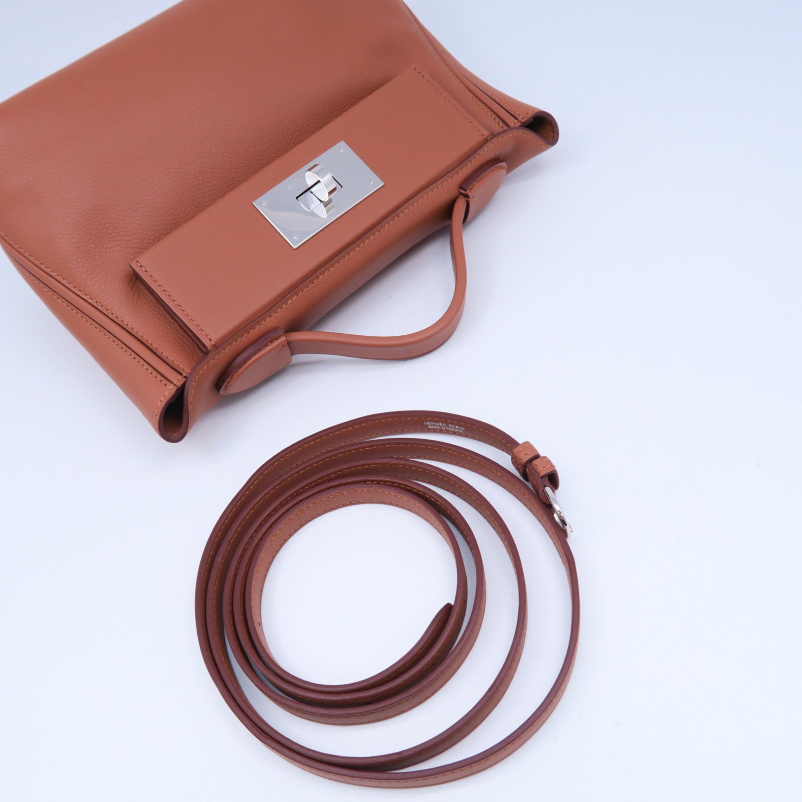 HERMES Evercolor皮革Mini 24/24銀扣手挽肩背兩用袋經典駝色