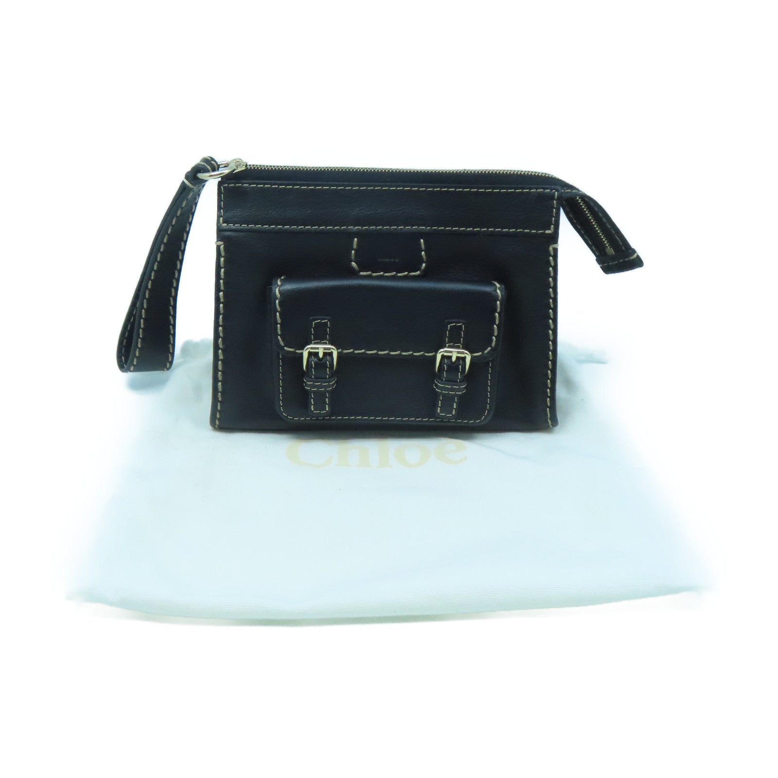 Chloe Leather Pouch Gold Buckle Clutch Black